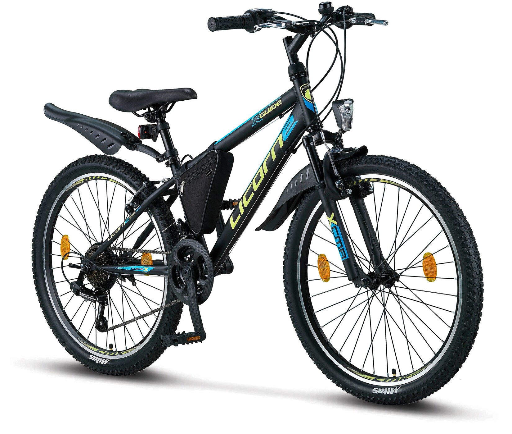 Licorne Bike Guide Premium Mountainbike in 20, 24 und 26 Zoll - Fahrrad für Mädchen, Jungen, Herren und Damen - Shimano 21 Gang-Schaltung, Kinderfahrrad, Kinder Farbe:Schwarz/Blau/Lime;Zoll:24