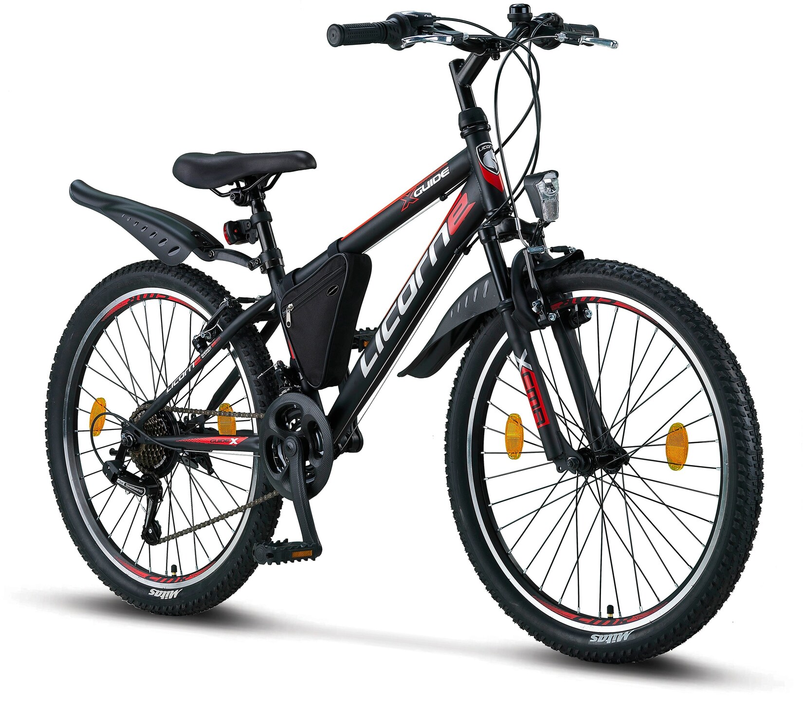 Licorne Bike Guide Premium Mountainbike in 20, 24 und 26 Zoll - Fahrrad für Mädchen, Jungen, Herren und Damen - Shimano 21 Gang-Schaltung, Kinderfahrrad, Kinder Farbe:Schwarz/Rot/Grau;Zoll:24