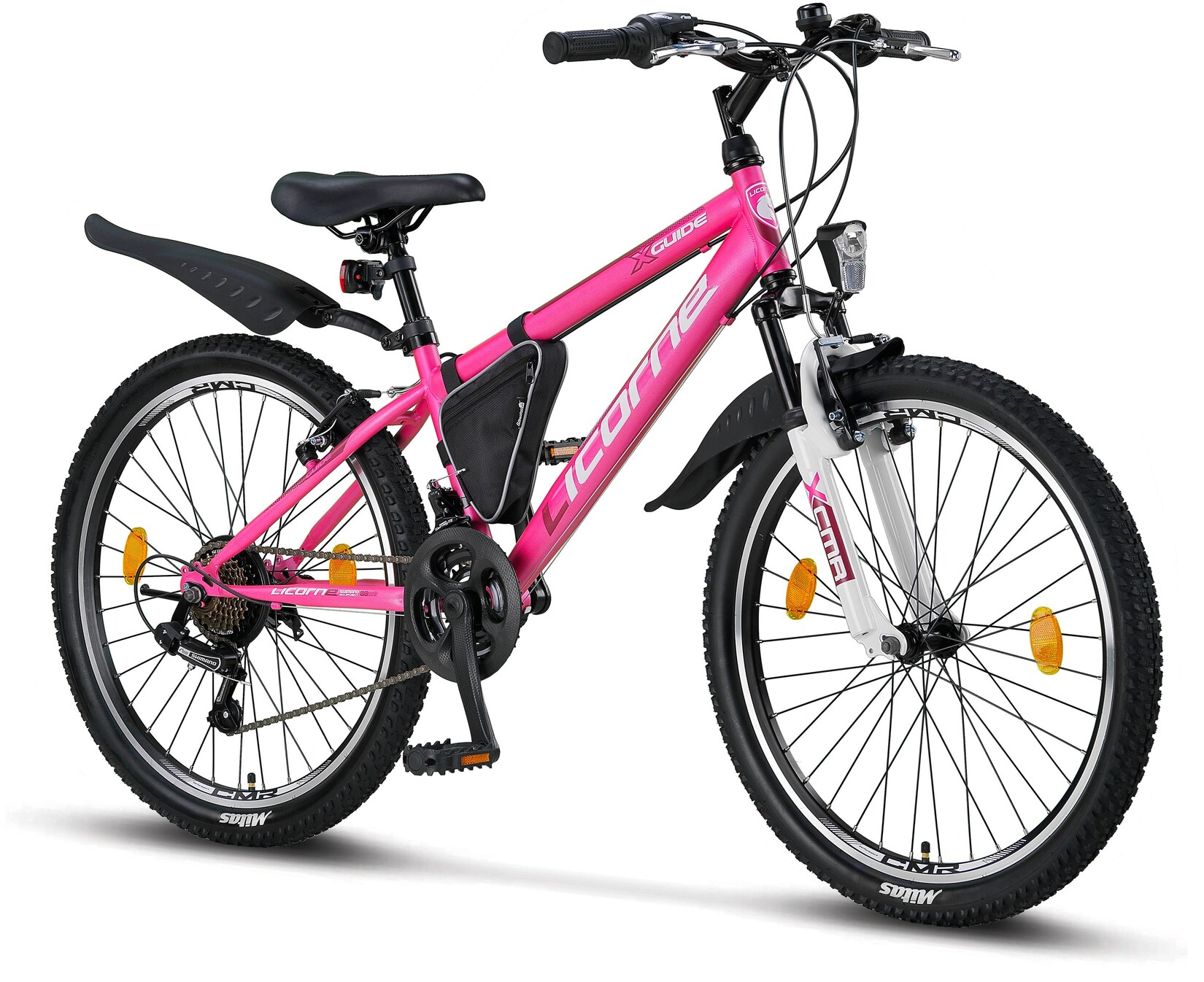 Licorne Bike Guide Premium Mountainbike in 20, 24 und 26 Zoll - Fahrrad für Mädchen, Jungen, Herren und Damen - Shimano 21 Gang-Schaltung, Kinderfahrrad, Kinder Farbe:Rosa/Weiß;Zoll:24