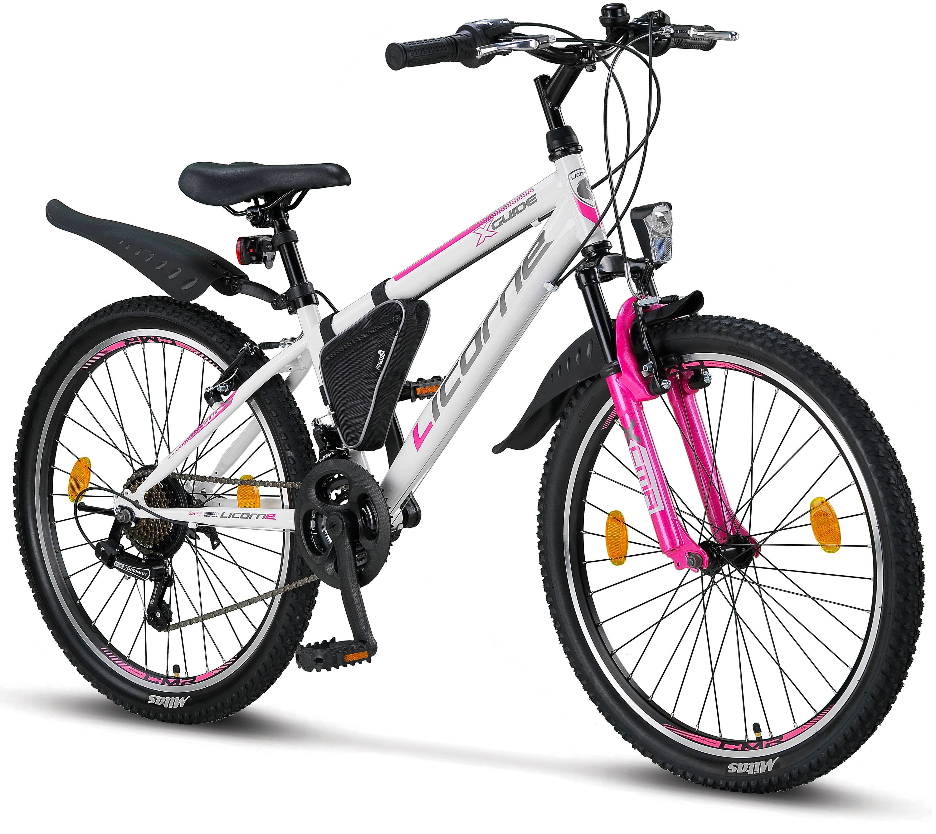 Licorne Bike Guide Premium Mountainbike in 20, 24 und 26 Zoll - Fahrrad f&uuml;r M&auml;dchen, Jungen, Herren und Damen - Shimano 21 Gang-Schaltung, Kinderfahrrad, Kinder Farbe:Wei&szlig;/Rosa;Zoll:24 