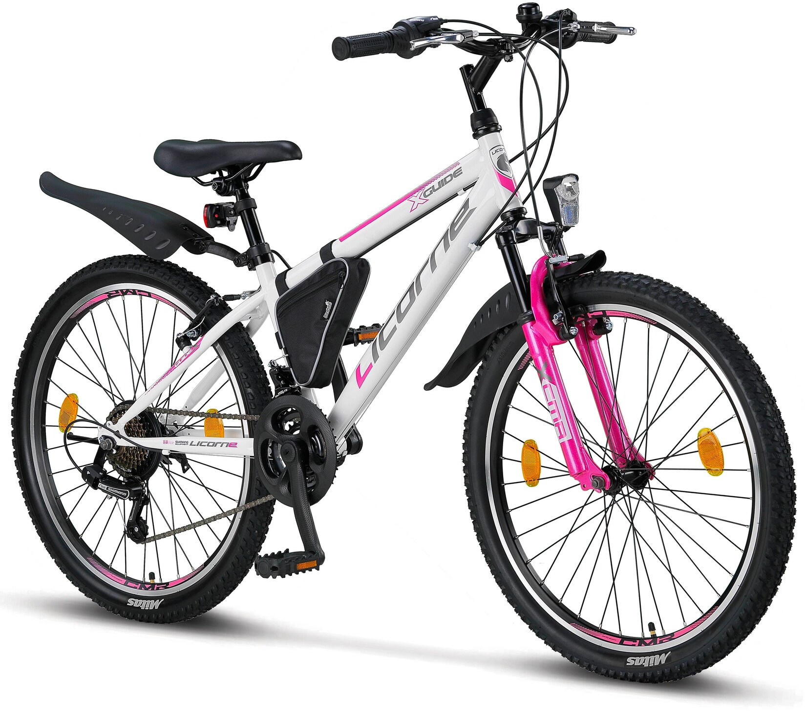 Licorne Bike Guide Premium Mountainbike in 20, 24 und 26 Zoll - Fahrrad für Mädchen, Jungen, Herren und Damen - Shimano 21 Gang-Schaltung, Kinderfahrrad, Kinder Farbe:Weiß/Rosa;Zoll:24
