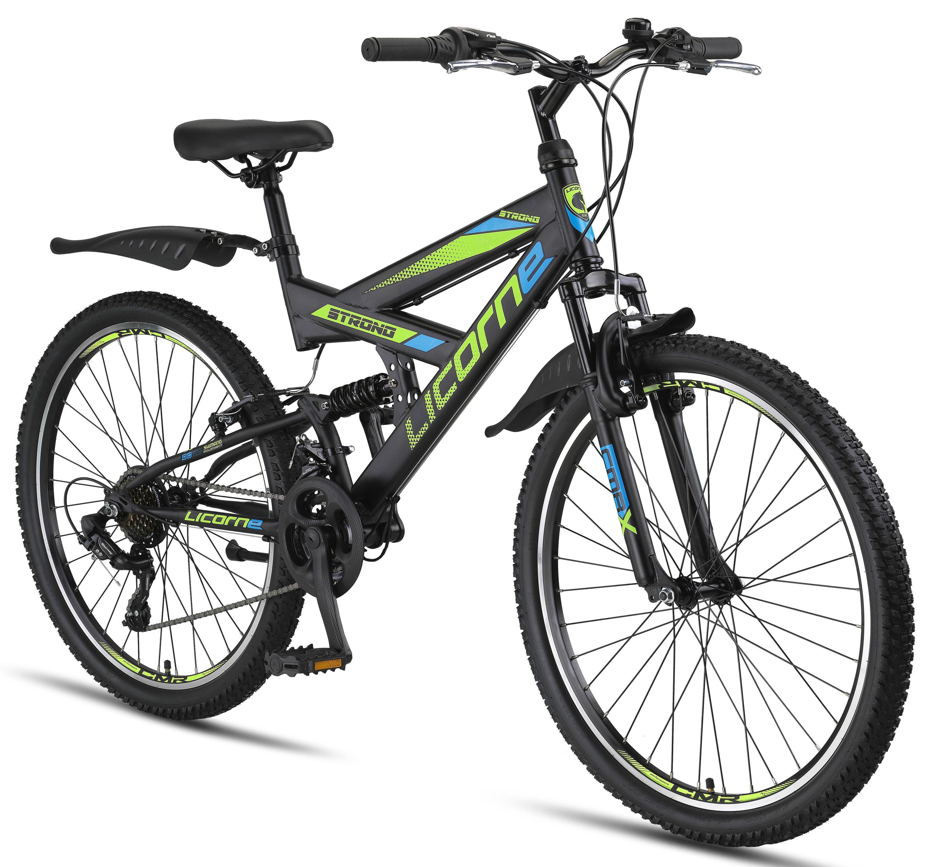Licorne Bike Strong V Premium Mountainbike in 24 und 26 Zoll - Fahrrad f&uuml;r Jungen, M&auml;dchen, Damen und Herren - Shimano 21 Gang-Schaltung - Vollfederung Farbe:Schwarz/Blau/Lime;Zoll:26 