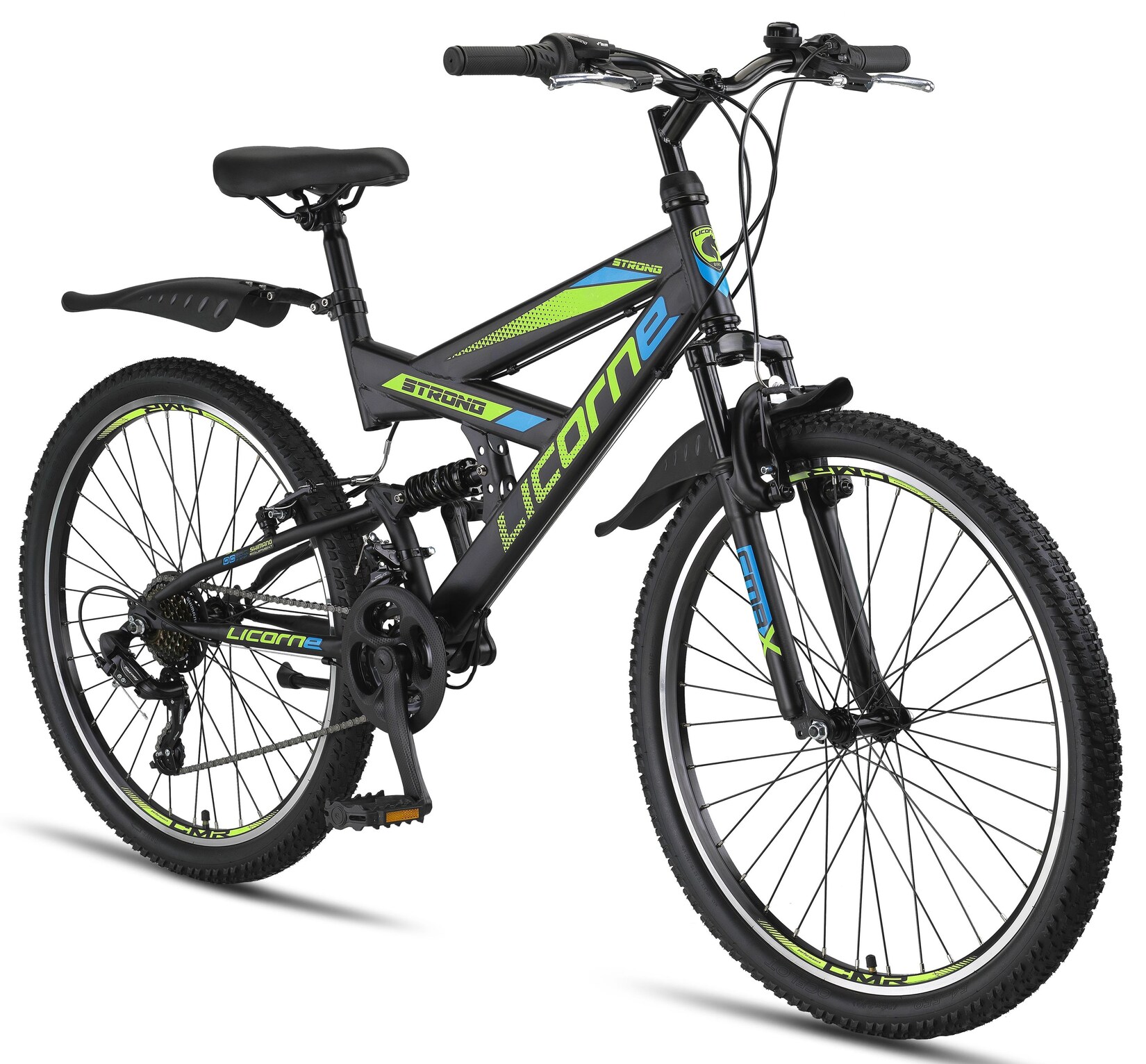 Licorne Bike Strong V Premium Mountainbike in 24 und 26 Zoll - Fahrrad für Jungen, Mädchen, Damen und Herren - Shimano 21 Gang-Schaltung - Vollfederung Farbe:Schwarz/Blau/Lime;Zoll:26