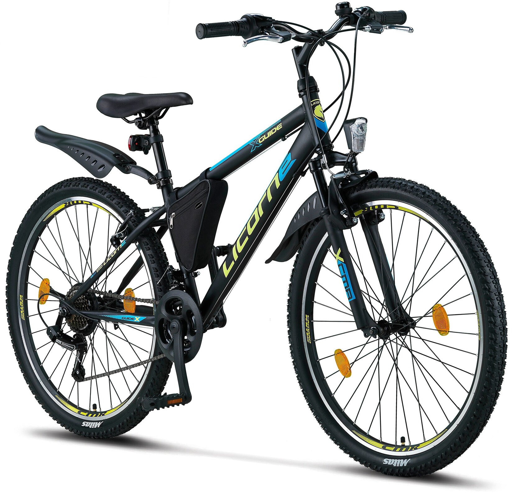 Licorne Bike Guide Premium Mountainbike in 20, 24 und 26 Zoll - Fahrrad für Mädchen, Jungen, Herren und Damen - Shimano 21 Gang-Schaltung, Kinderfahrrad, Kinder Farbe:Schwarz/Blau/Lime;Zoll:26