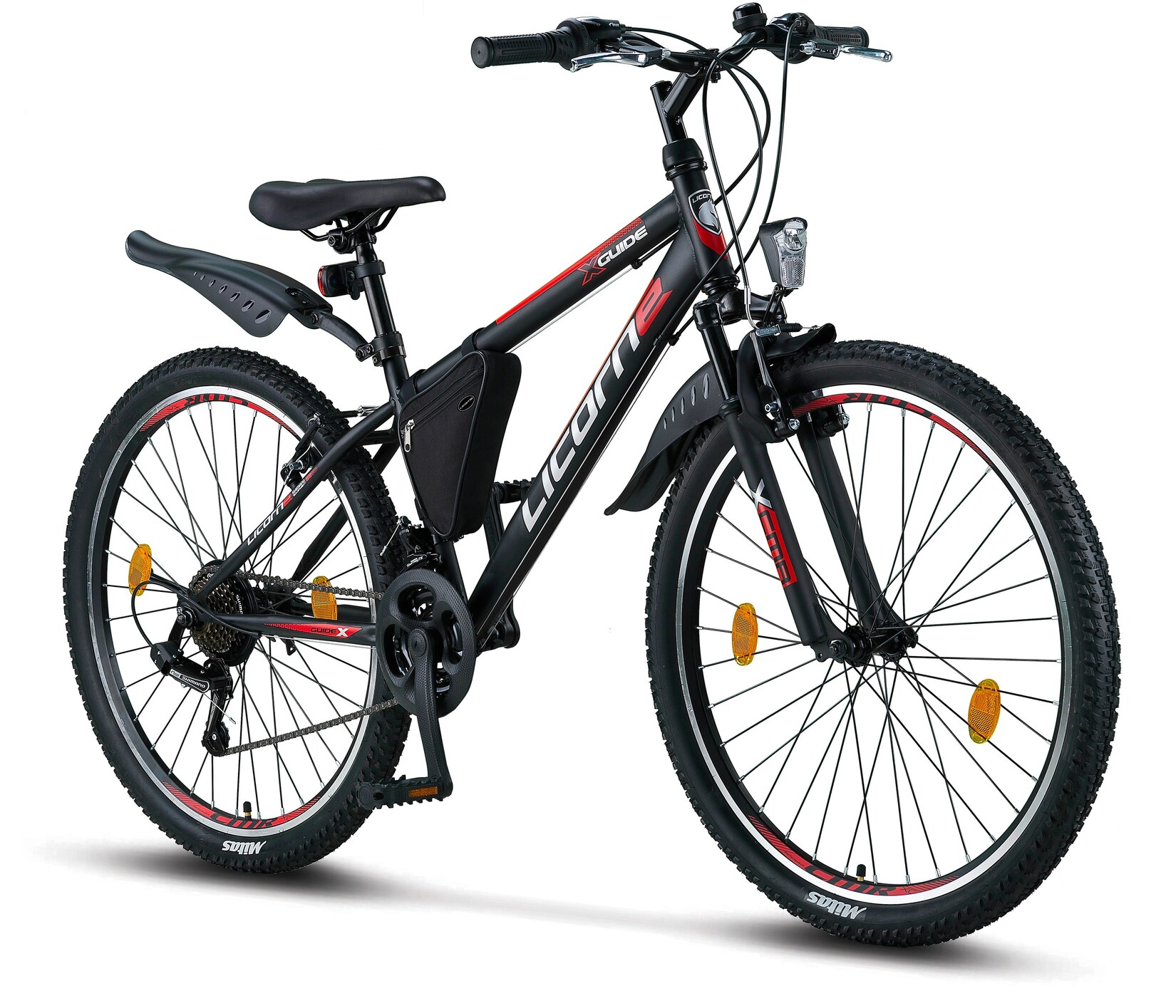 Licorne Bike Guide Premium Mountainbike in 20, 24 und 26 Zoll - Fahrrad für Mädchen, Jungen, Herren und Damen - Shimano 21 Gang-Schaltung, Kinderfahrrad, Kinder Farbe:Schwarz/Rot/Grau;Zoll:26