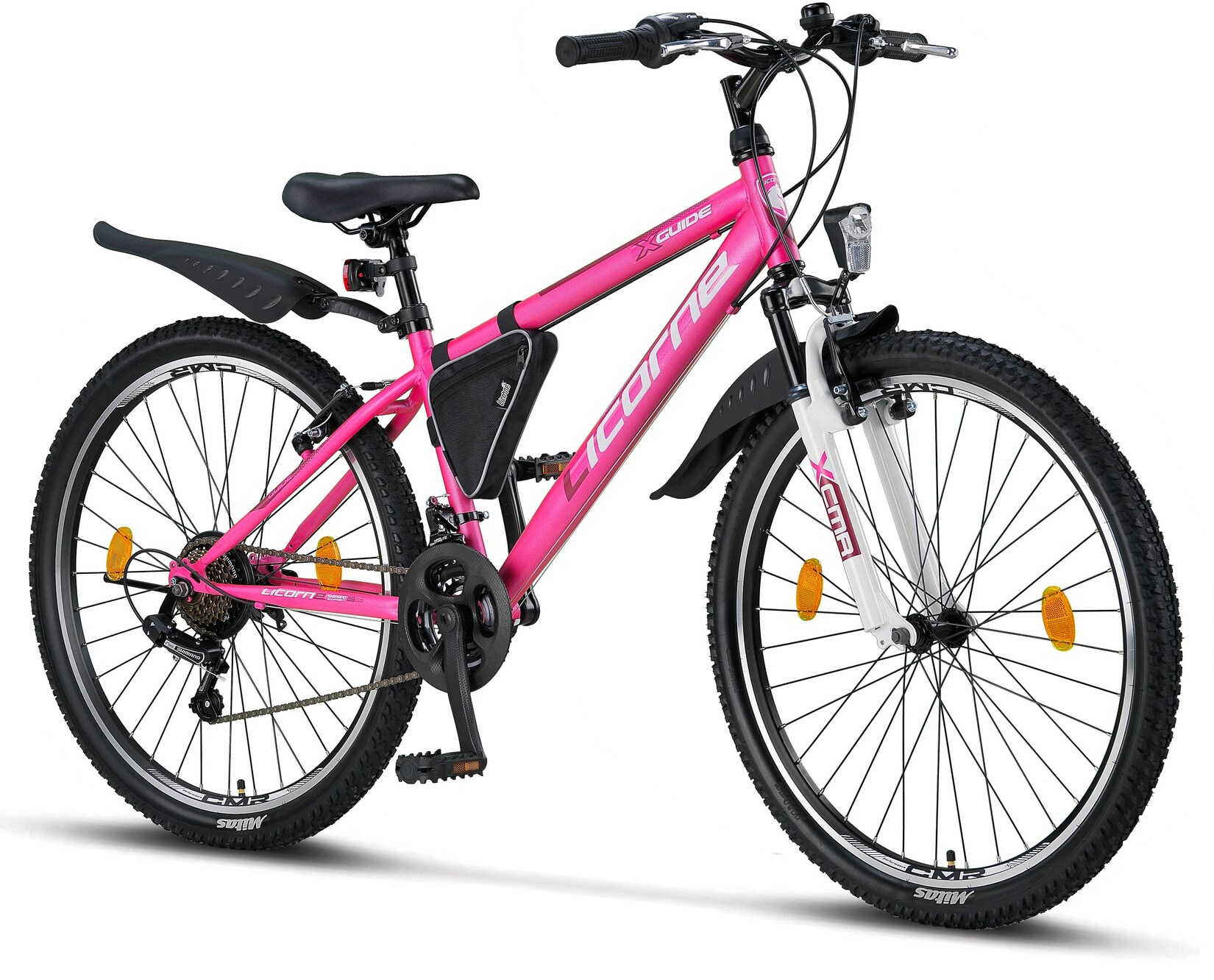 Licorne Bike Guide Premium Mountainbike in 20, 24 und 26 Zoll - Fahrrad für Mädchen, Jungen, Herren und Damen - Shimano 21 Gang-Schaltung, Kinderfahrrad, Kinder Farbe:Rosa/Weiß;Zoll:26