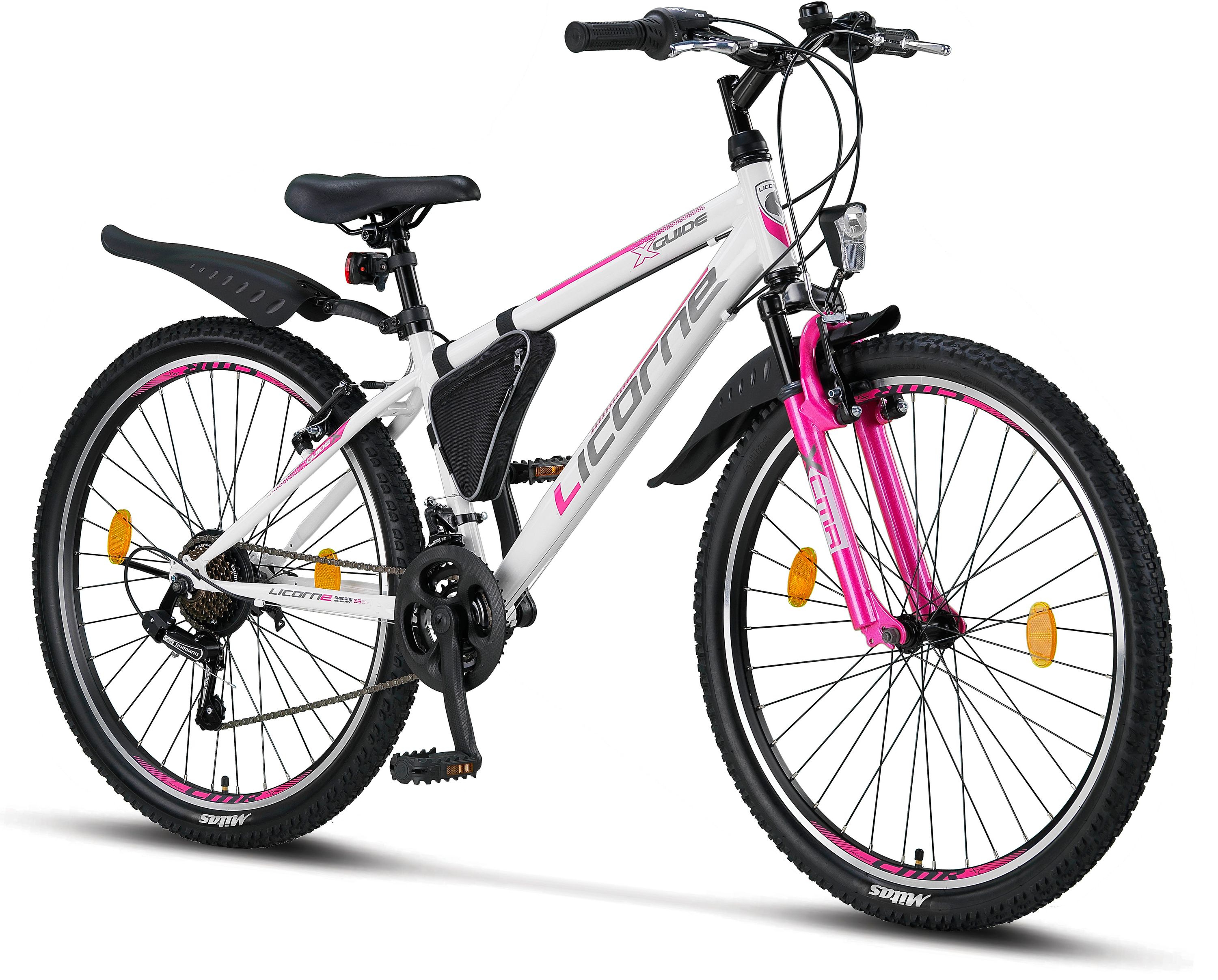 Licorne Bike Guide Premium Mountainbike in 20, 24 und 26 Zoll - Fahrrad f&uuml;r M&auml;dchen, Jungen, Herren und Damen - Shimano 21 Gang-Schaltung, Kinderfahrrad, Kinder Farbe:Wei&szlig;/Rosa;Zoll:26 