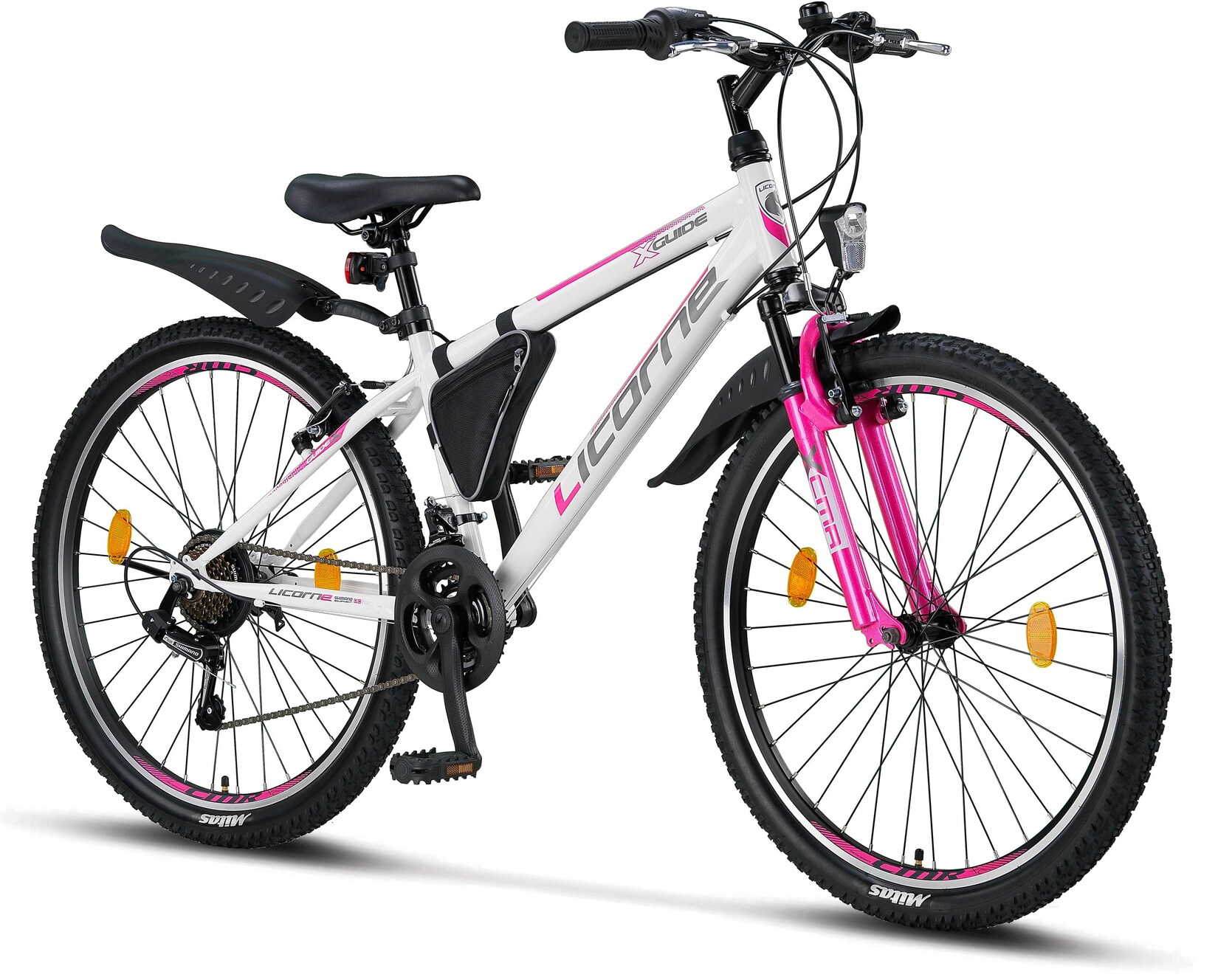 Licorne Bike Guide Premium Mountainbike in 20, 24 und 26 Zoll - Fahrrad für Mädchen, Jungen, Herren und Damen - Shimano 21 Gang-Schaltung, Kinderfahrrad, Kinder Farbe:Weiß/Rosa;Zoll:26