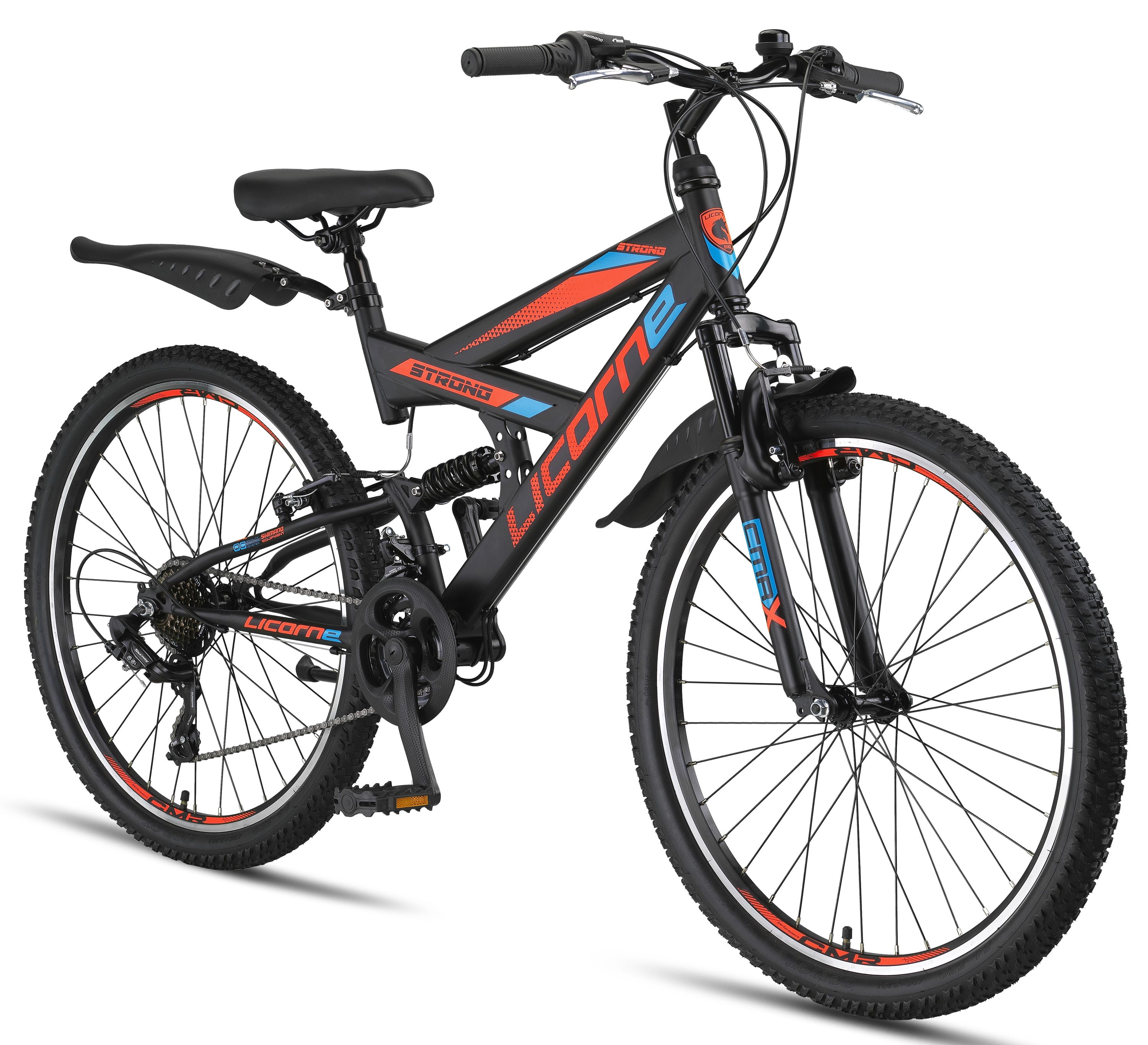 Licorne Bike Strong V Premium Mountainbike in 24 und 26 Zoll - Fahrrad f&uuml;r Jungen, M&auml;dchen, Damen und Herren - Shimano 21 Gang-Schaltung - Vollfederung Zoll:26;Farbe:Schwarz/Blau/Orange 