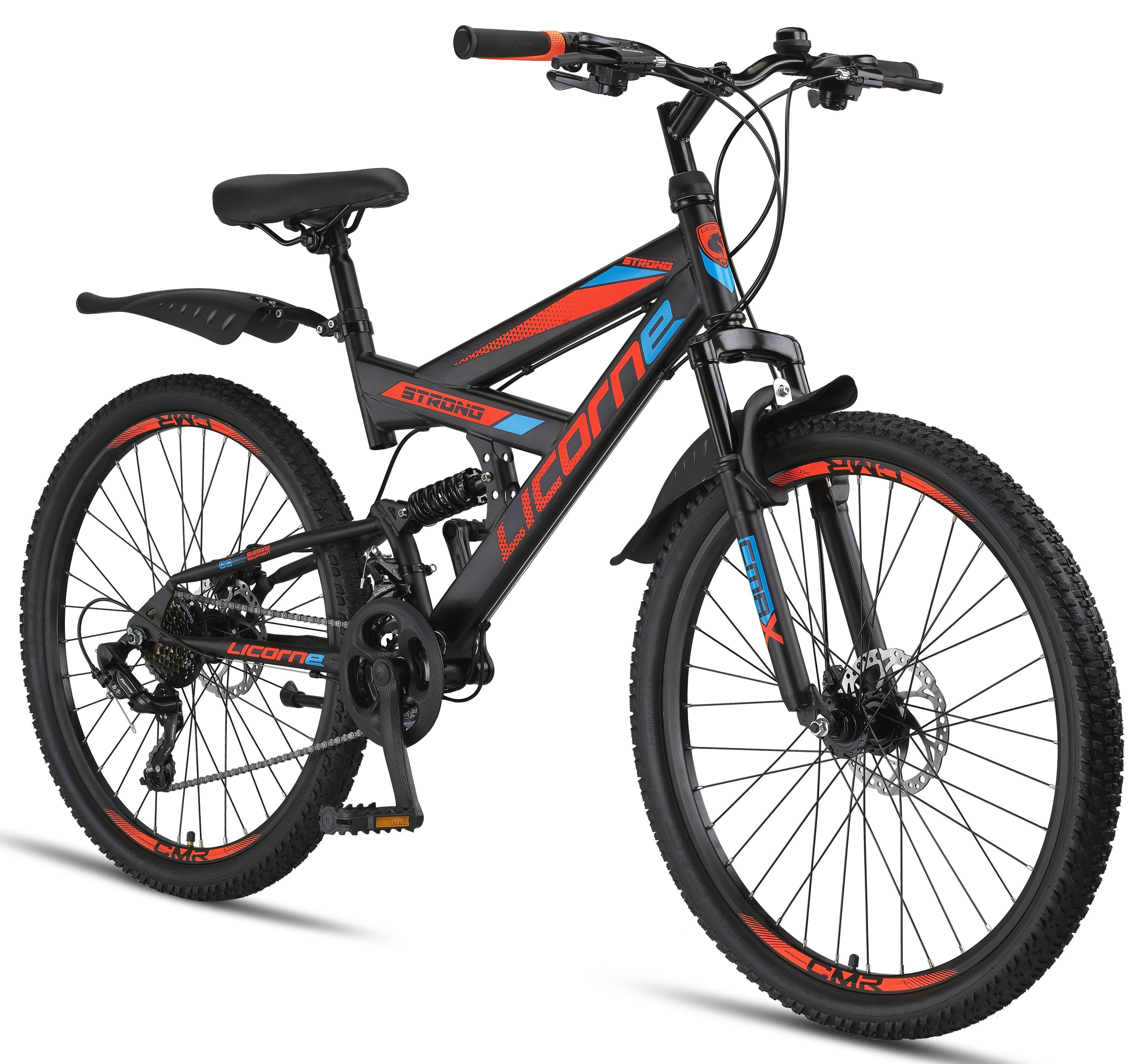 Licorne Bike Strong 2D Premium Mountainbike in 26, 27,5 und 29 Zoll - Fahrrad f&uuml;r Jungen, M&auml;dchen, Damen und Herren - Scheibenbremse vorne und hinten - Shimano 21 Gang-Schaltung -  Zoll:26;Farbe:Schwarz/Blau/Orange 