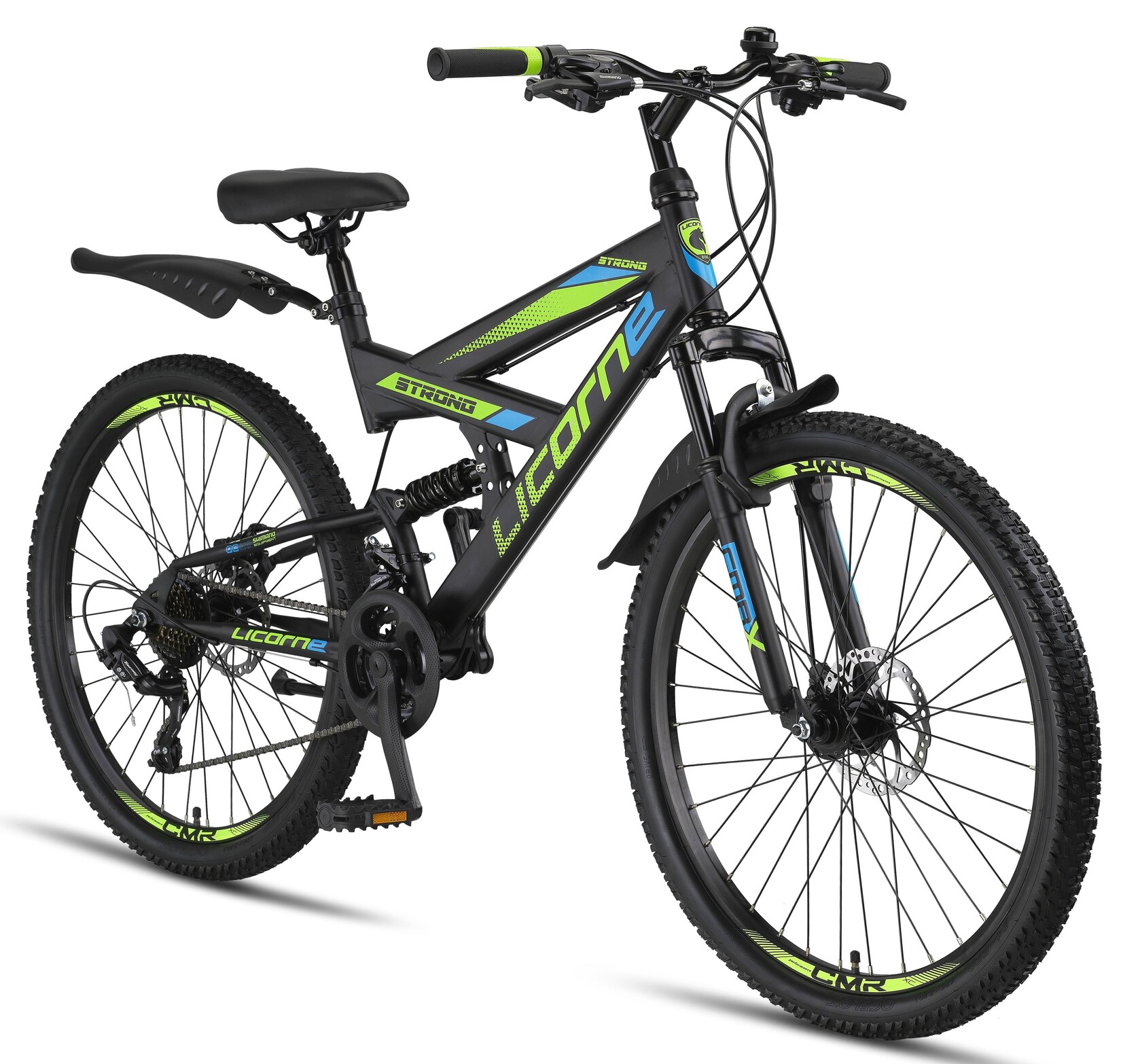 Licorne Bike Strong 2D Premium Mountainbike in 26, 27,5 und 29 Zoll - Fahrrad für Jungen, Mädchen, Damen und Herren - Scheibenbremse vorne und hinten - Shimano 21 Gang-Schaltung -  Farbe:Schwarz/Blau/Lime;Zoll:26