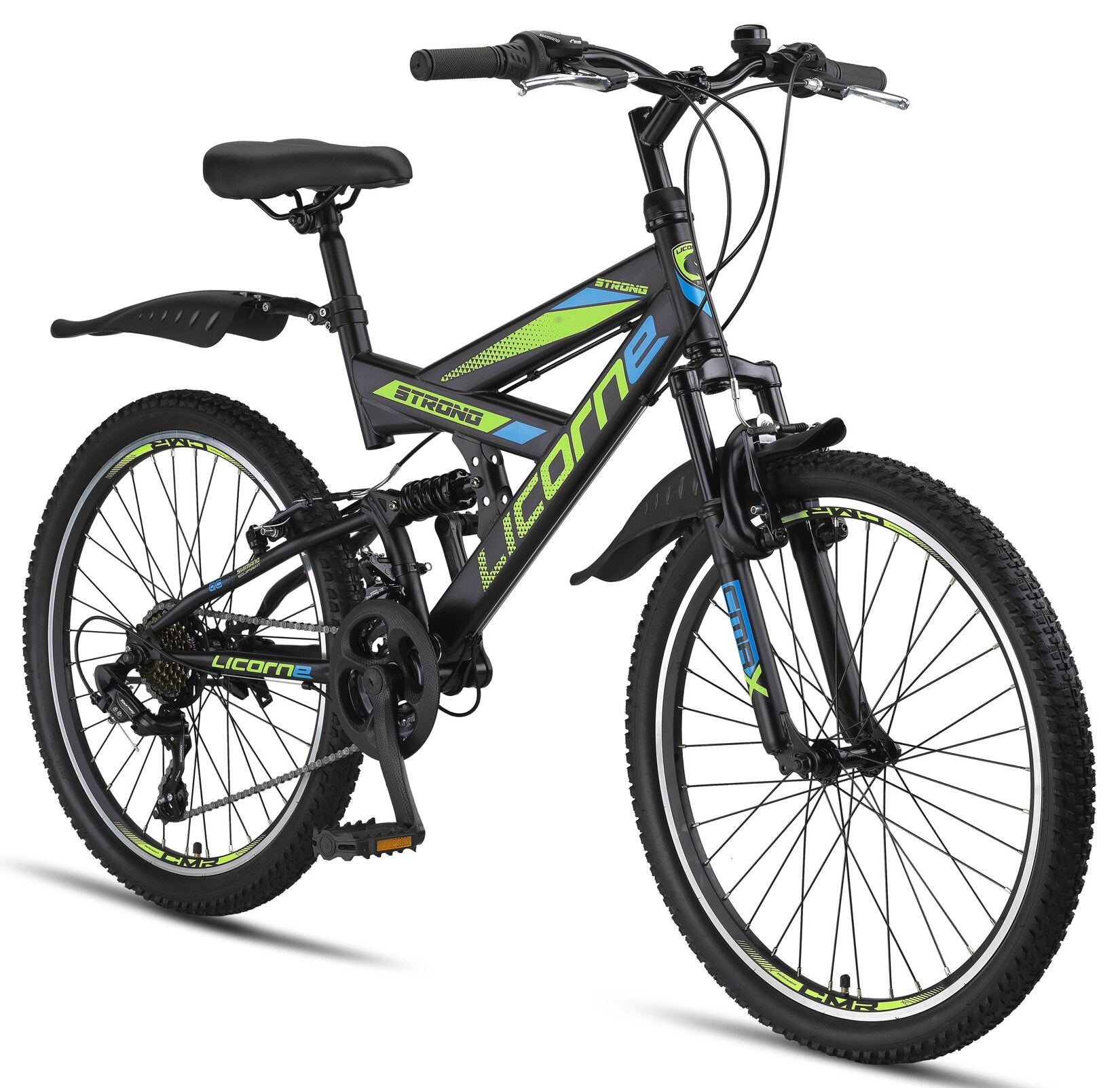 Licorne Bike Strong V Premium Mountainbike in 24 und 26 Zoll - Fahrrad für Jungen, Mädchen, Damen und Herren - Shimano 21 Gang-Schaltung - Vollfederung Farbe:Schwarz/Blau/Lime;Zoll:24