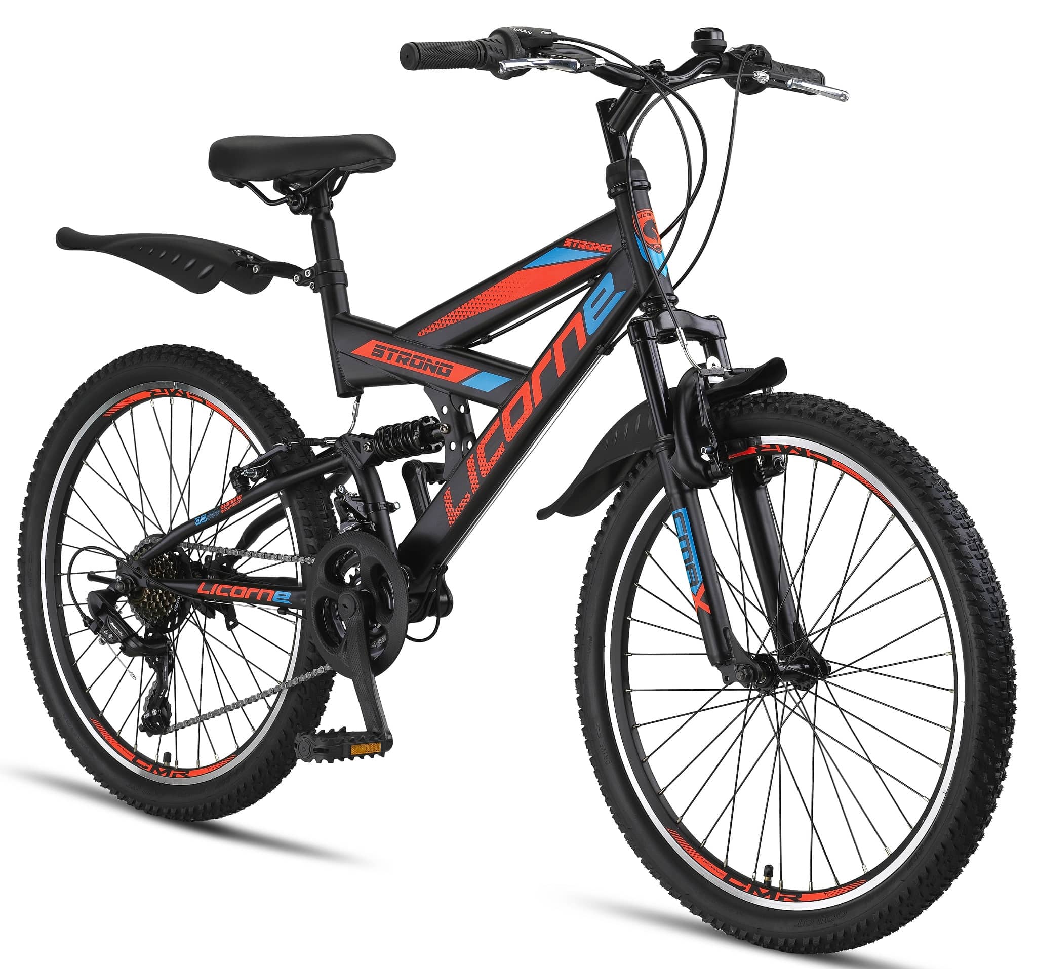 Licorne Bike Strong V Premium Mountainbike in 24 und 26 Zoll - Fahrrad f&uuml;r Jungen, M&auml;dchen, Damen und Herren - Shimano 21 Gang-Schaltung - Vollfederung Zoll:24;Farbe:Schwarz/Blau/Orange 