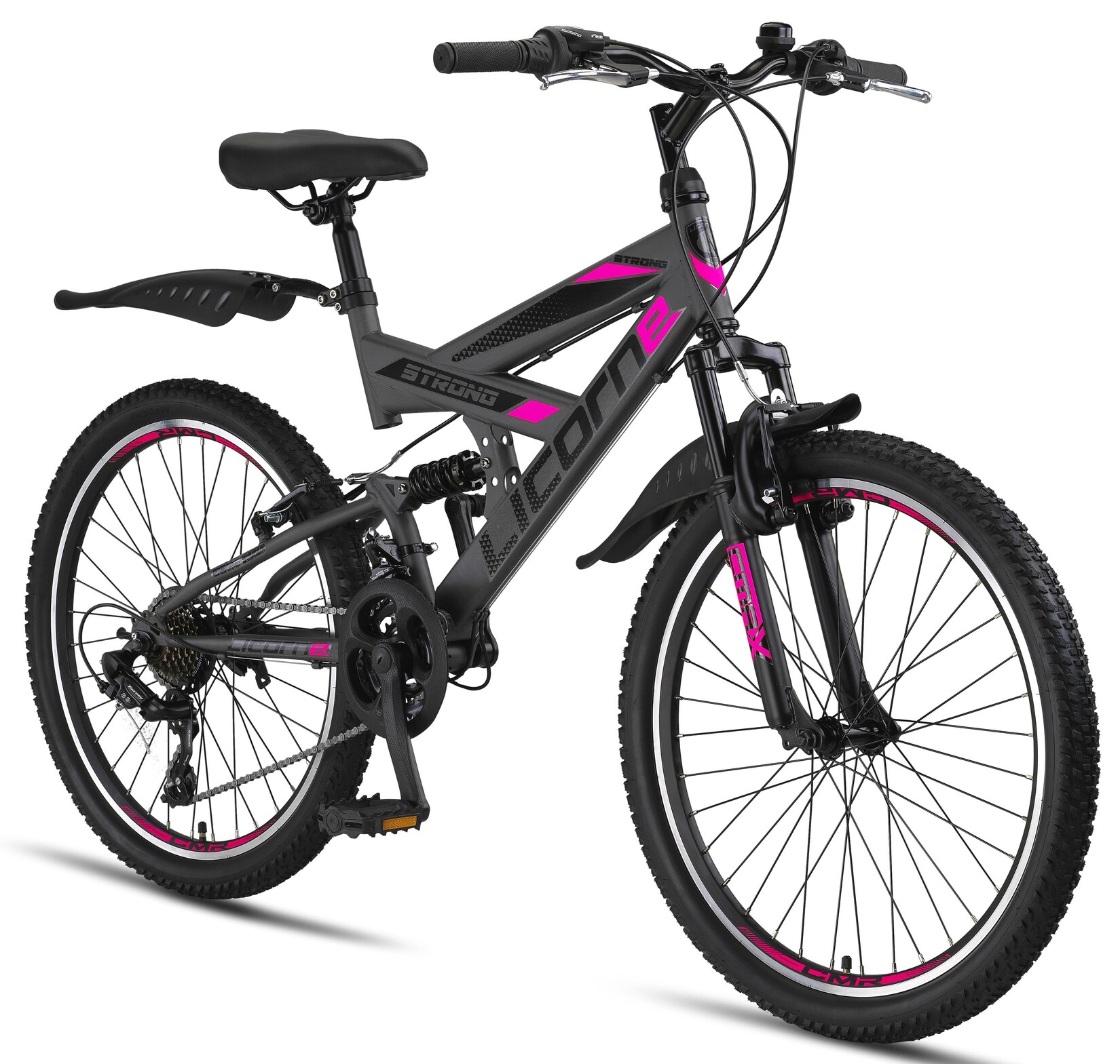 Licorne Bike Strong V Premium Mountainbike in 24 und 26 Zoll - Fahrrad für Jungen, Mädchen, Damen und Herren - Shimano 21 Gang-Schaltung - Vollfederung Zoll:26;Farbe:Anthrazit/Rosa