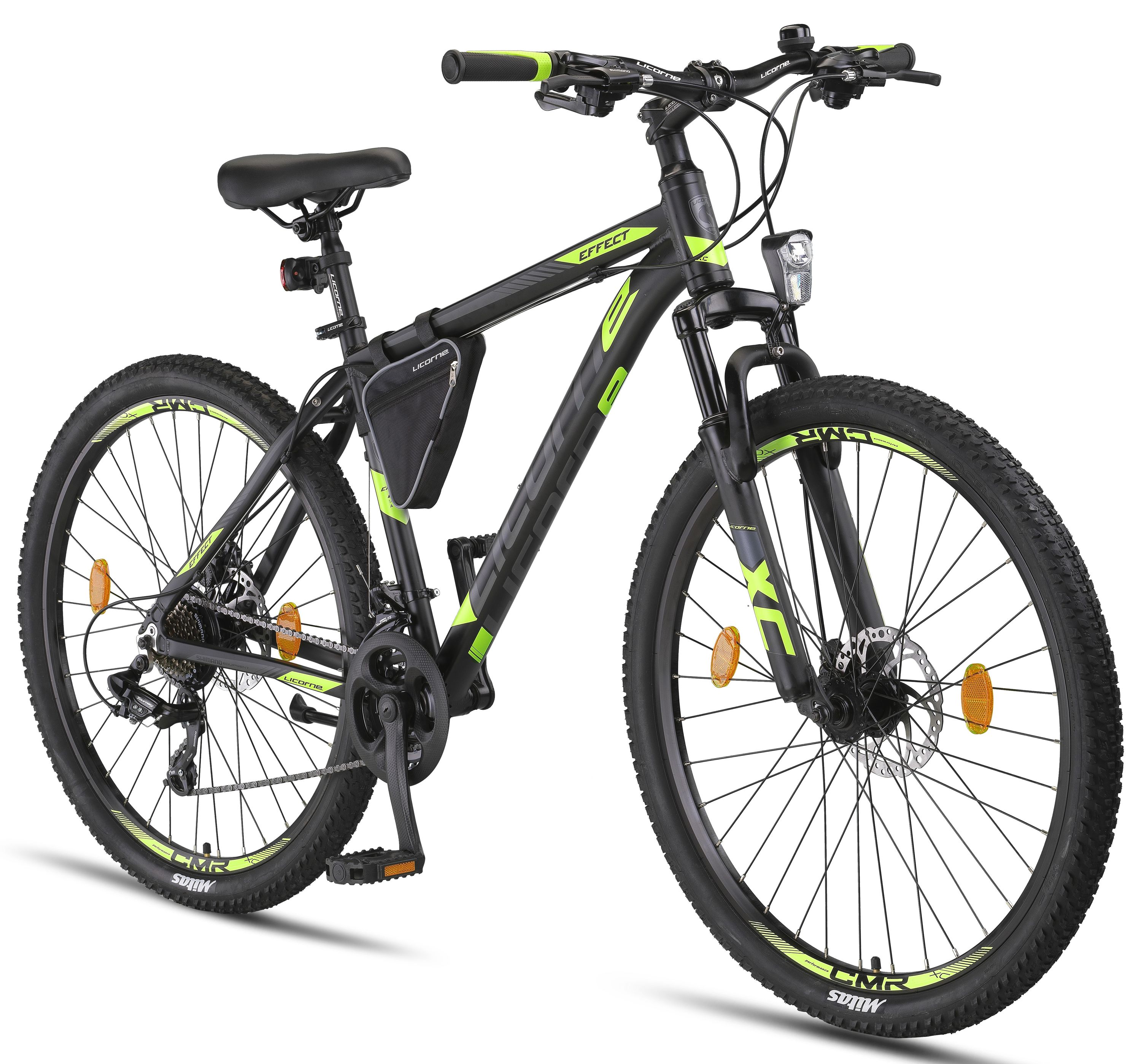 Licorne Bike Effect Premium Mountainbike in 26, 27,5 und 29 Zoll - Fahrrad f&uuml;r Jungen, M&auml;dchen, Herren und Damen - Shimano 21 Gang-Schaltung - Herrenrad Farbe:Schwarz/Lime (2xDisc-Bremse);Zoll:27.5 