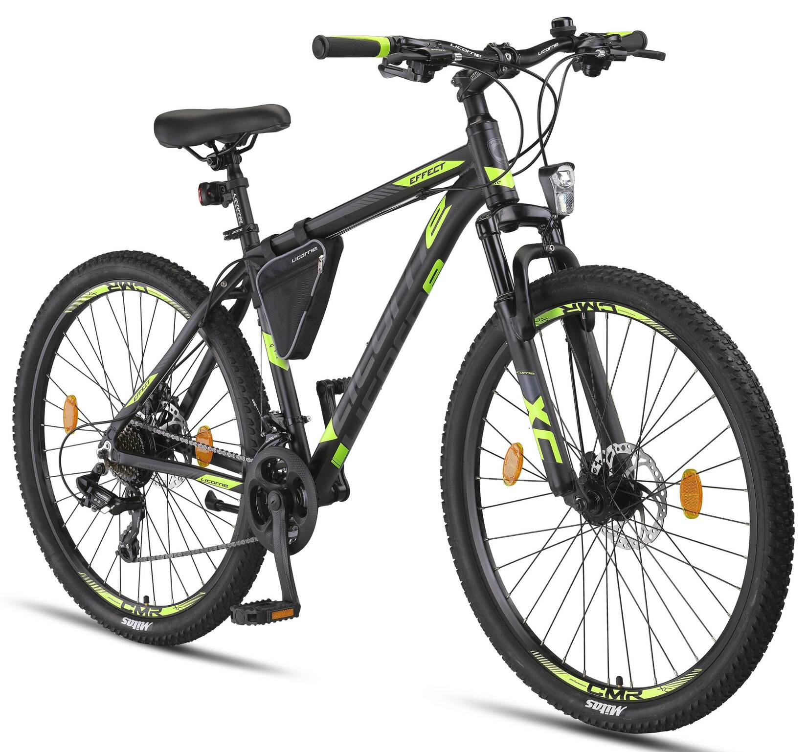 Licorne Bike Effect Premium Mountainbike in 26, 27,5 und 29 Zoll - Fahrrad für Jungen, Mädchen, Herren und Damen - Shimano 21 Gang-Schaltung - Herrenrad Farbe:Schwarz/Lime (2xDisc-Bremse);Zoll:27.5