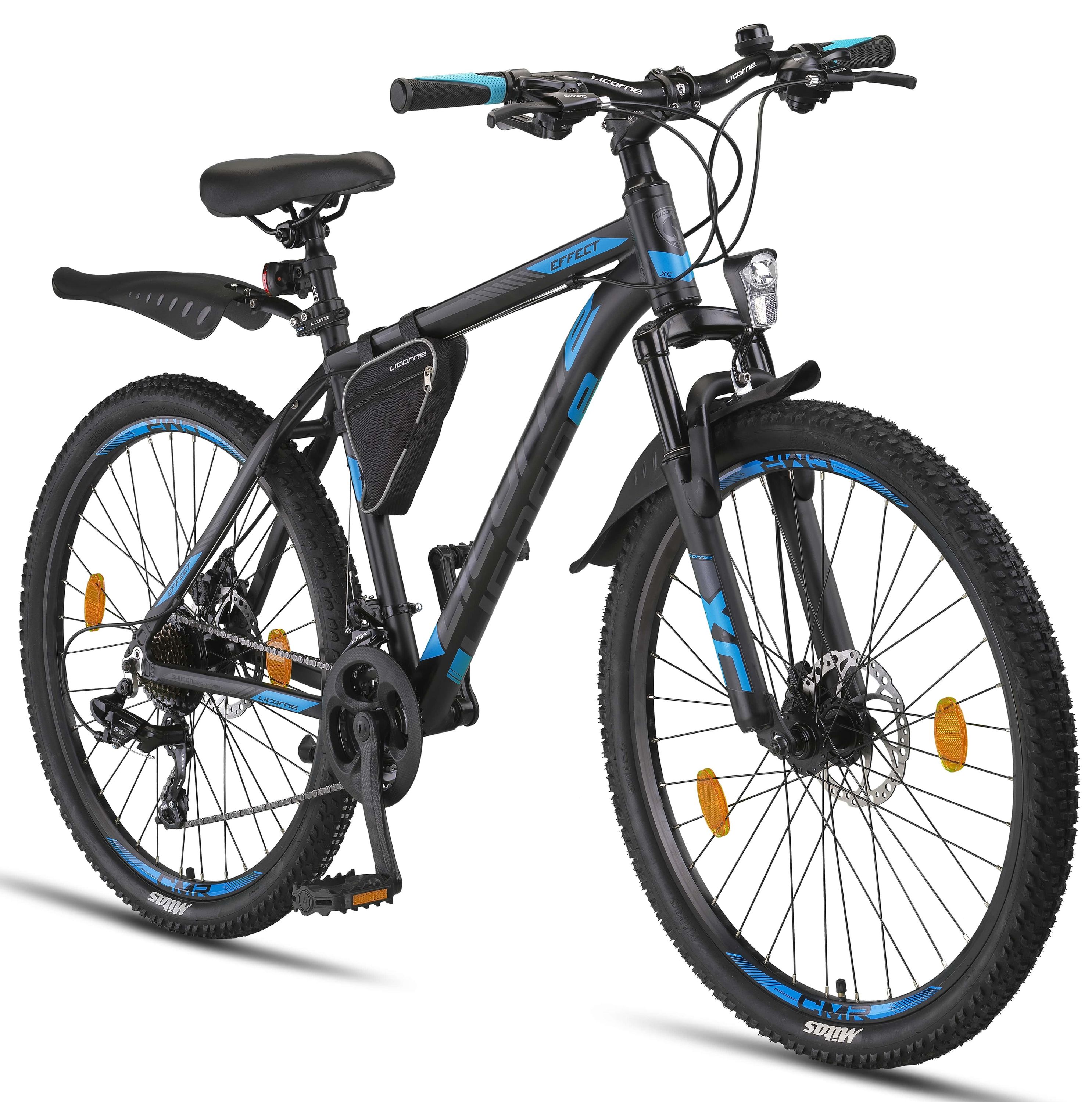Licorne Bike Effect Premium Mountainbike in 26, 27,5 und 29 Zoll - Fahrrad f&uuml;r Jungen, M&auml;dchen, Herren und Damen - Shimano 21 Gang-Schaltung - Herrenrad Zoll:26.00;Farbe:Schwarz/Blau (2xDisc-Bremse) 
