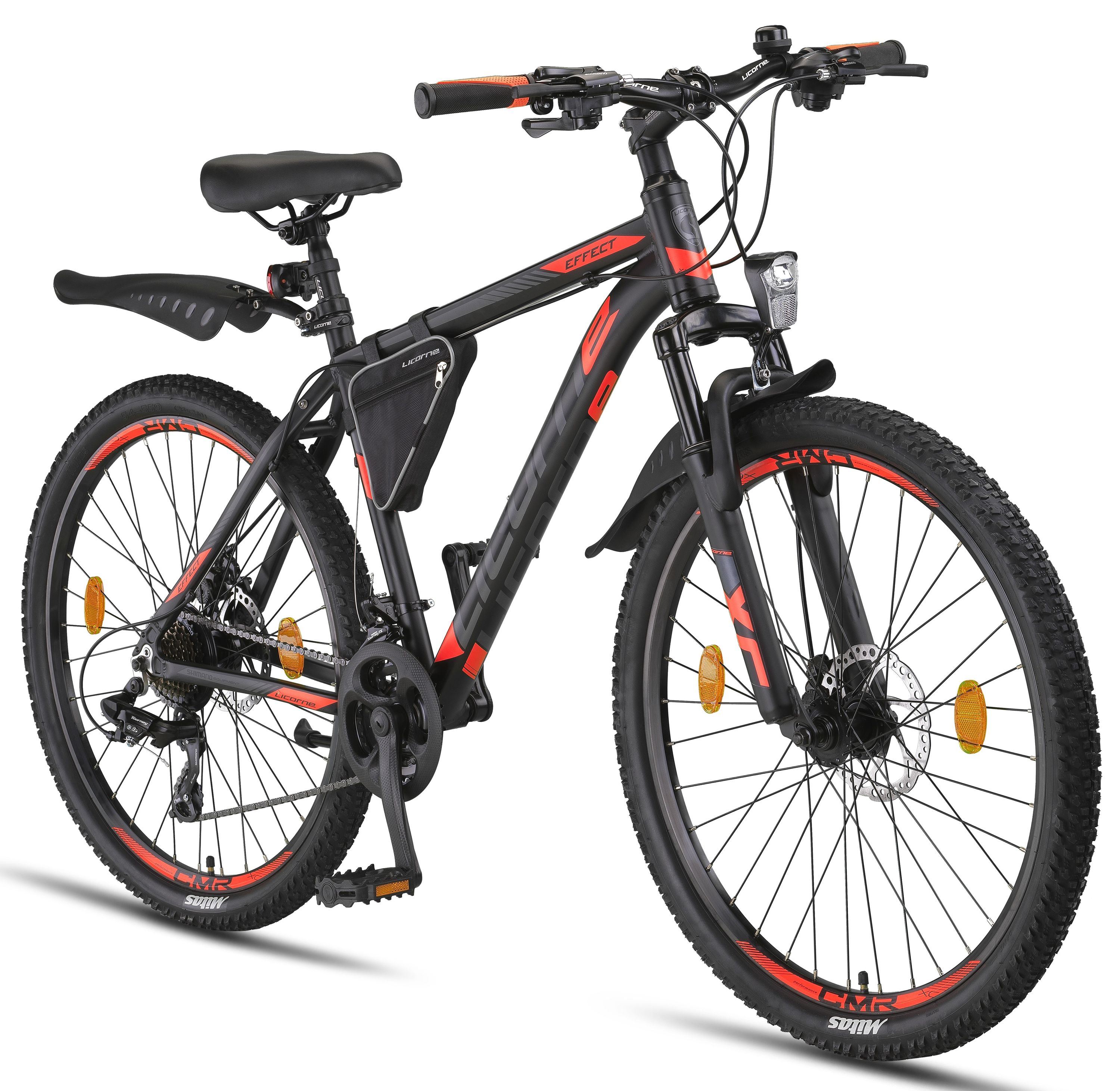 Licorne Bike Effect Premium Mountainbike in 26, 27,5 und 29 Zoll - Fahrrad f&uuml;r Jungen, M&auml;dchen, Herren und Damen - Shimano 21 Gang-Schaltung - Herrenrad Zoll:26.00;Farbe:Schwarz/Orange (2xDisc-Bremse) 