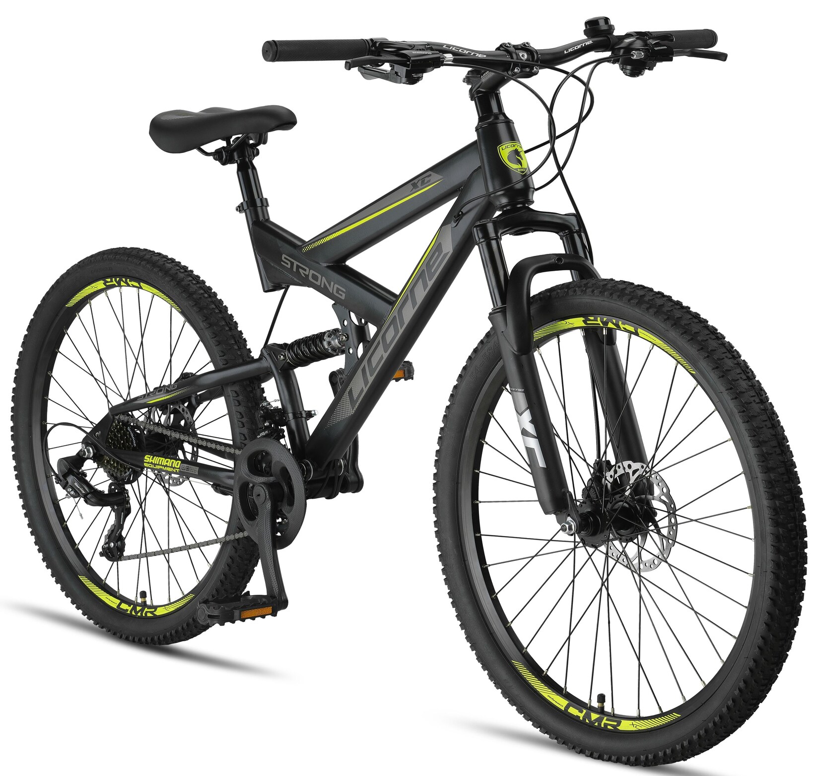 Licorne Bike Strong 2D Premium Mountainbike in 26, 27,5 und 29 Zoll - Fahrrad für Jungen, Mädchen, Damen und Herren - Scheibenbremse vorne und hinten - Shimano 21 Gang-Schaltung -  Farbe:Schwarz/Lime;Zoll:27.5