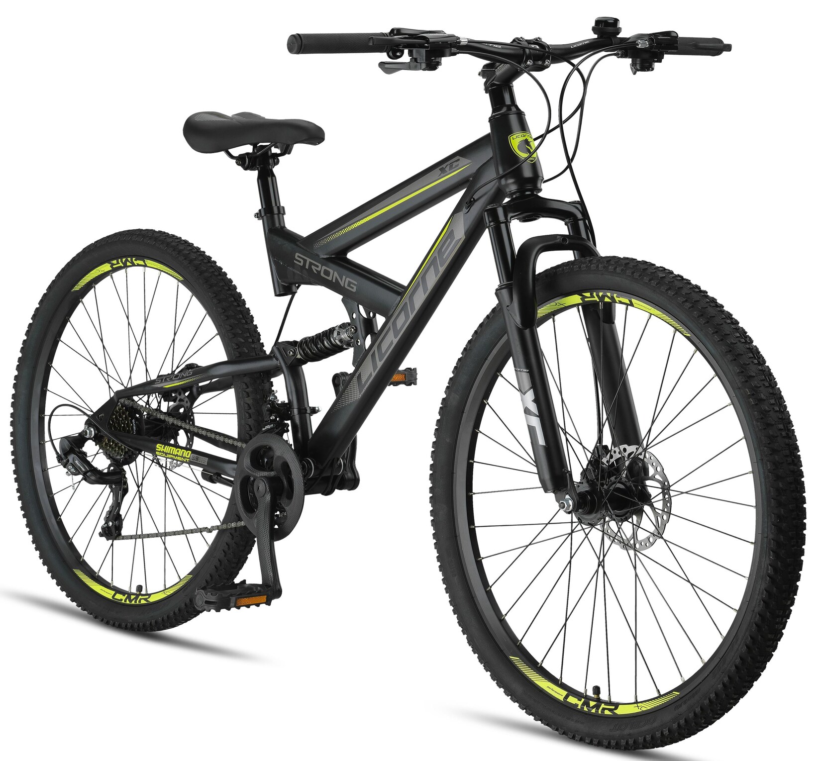 Licorne Bike Strong 2D Premium Mountainbike in 26, 27,5 und 29 Zoll - Fahrrad für Jungen, Mädchen, Damen und Herren - Scheibenbremse vorne und hinten - Shimano 21 Gang-Schaltung -  Farbe:Schwarz/Lime;Zoll:29.00
