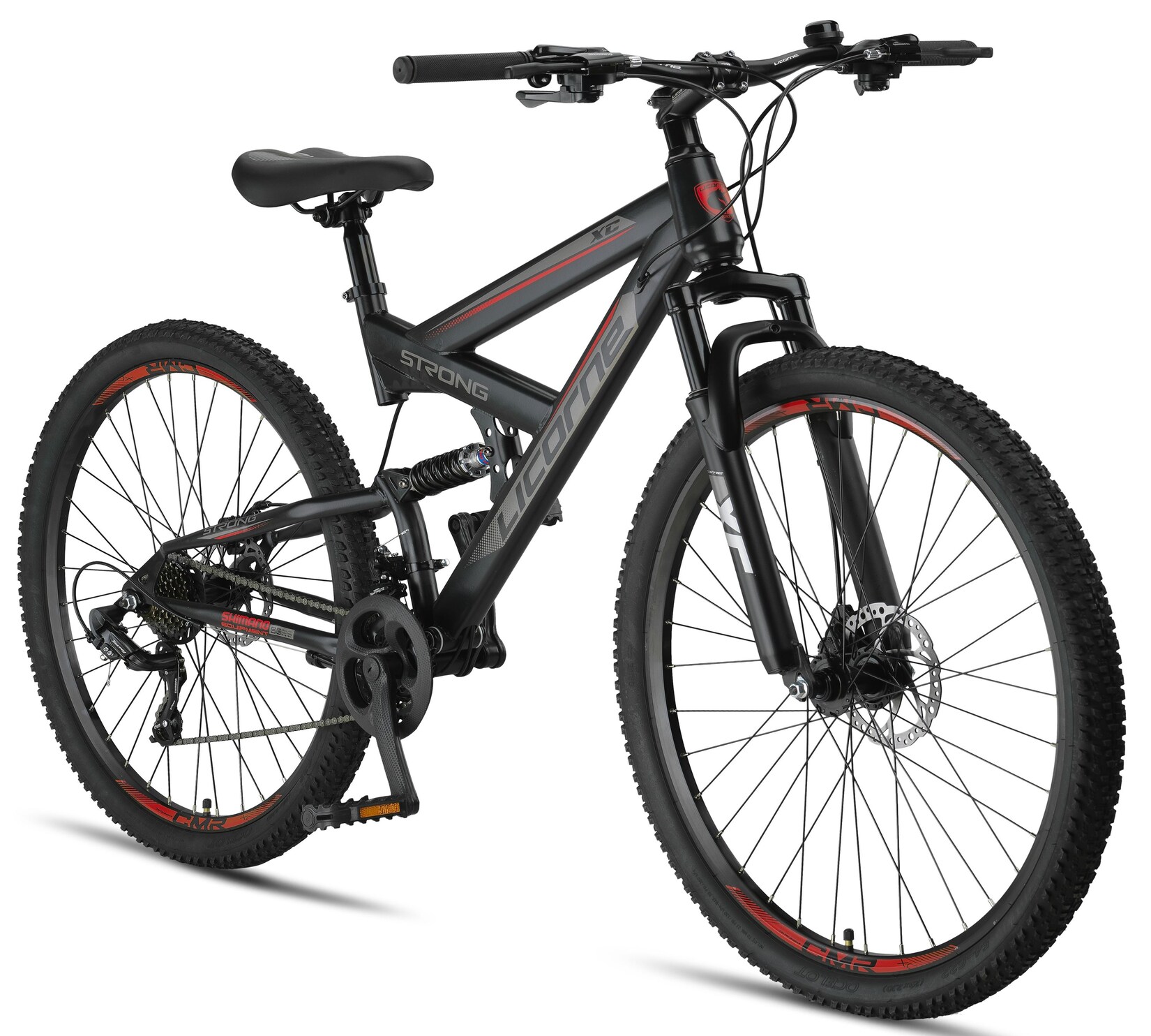 Licorne Bike Strong 2D Premium Mountainbike in 26, 27,5 und 29 Zoll - Fahrrad für Jungen, Mädchen, Damen und Herren - Scheibenbremse vorne und hinten - Shimano 21 Gang-Schaltung -  Farbe:Schwarz/Rot;Zoll:29.00