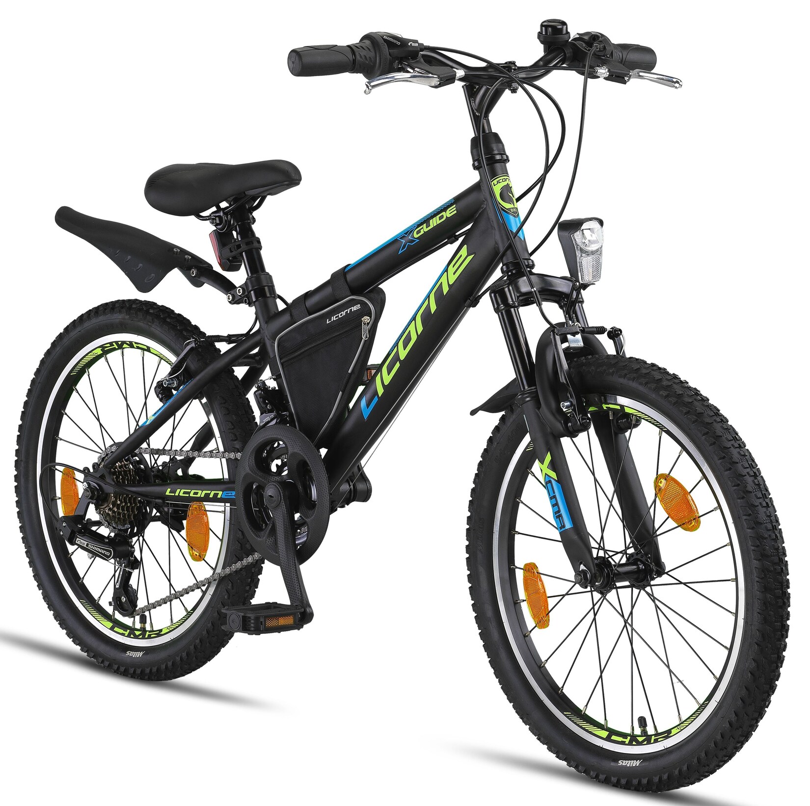 Licorne Bike Guide Premium Mountainbike in 20, 24 und 26 Zoll - Fahrrad für Mädchen, Jungen, Herren und Damen - Shimano 21 Gang-Schaltung, Kinderfahrrad, Kinder Zoll:20;Farbe:Schwarz/Blau/Lime