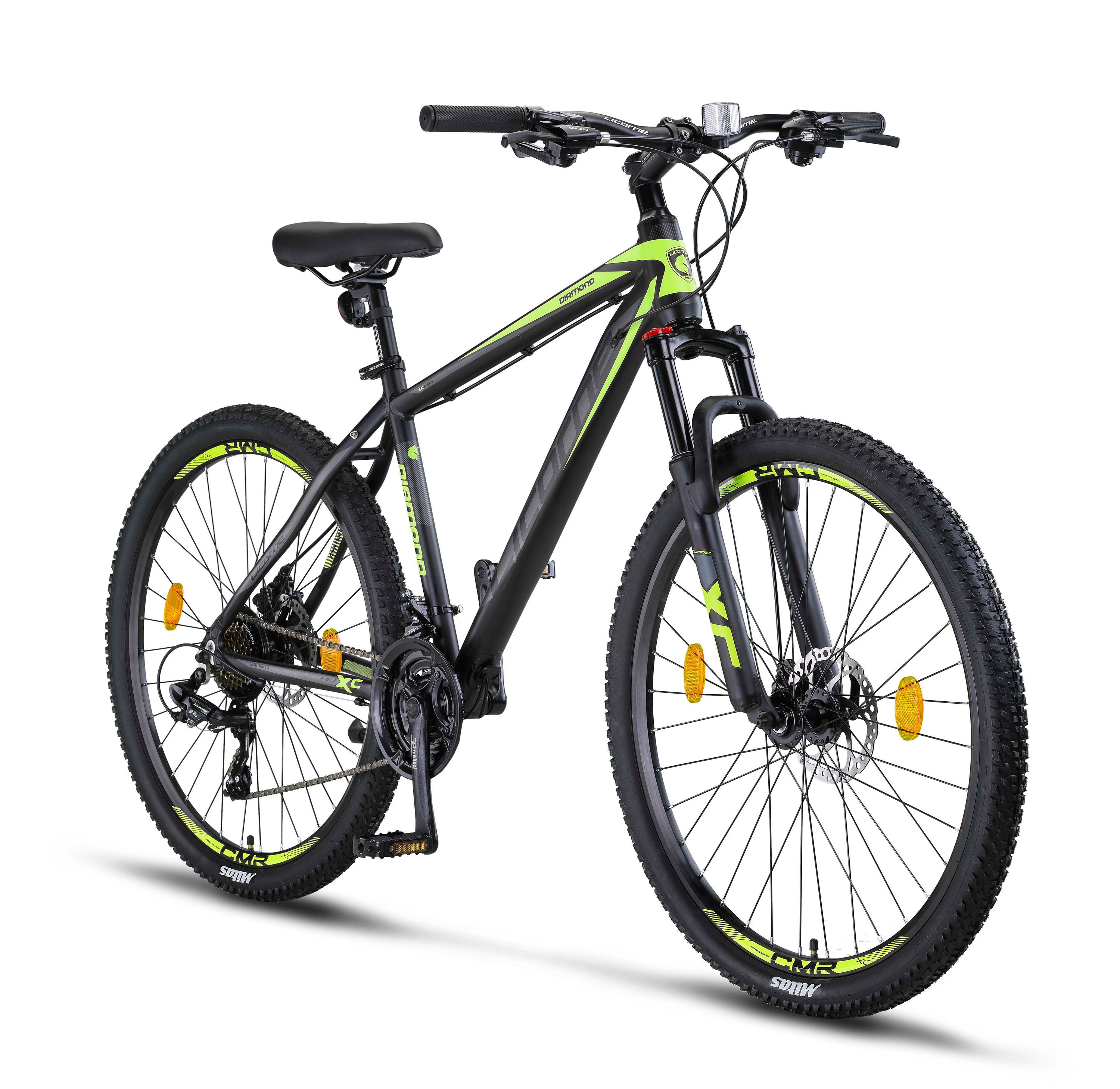 Licorne Bike Diamond Premium Mountainbike Aluminium, Fahrrad f&uuml;r Jungen, M&auml;dchen, Herren und Damen - 21 Gang-Schaltung - Scheibenbremse Herrenrad, einstellbare Vordergabel 26, 27.5 und 29 Zoll Farbe:Schwarz-Lime;Gr&ouml;&szlig;e:27.5 
