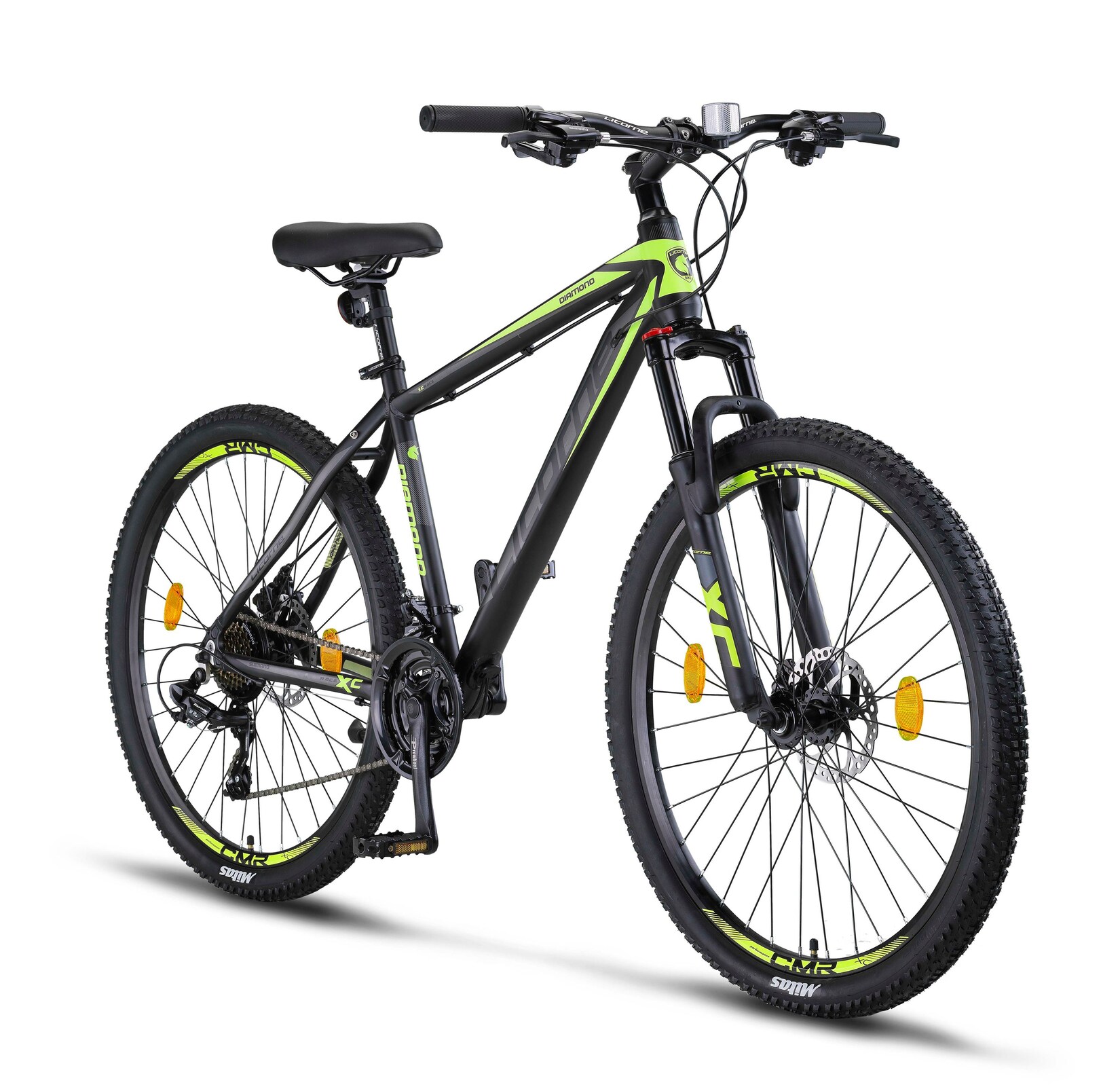 Licorne Bike Diamond Premium Mountainbike Aluminium, Fahrrad für Jungen, Mädchen, Herren und Damen - 21 Gang-Schaltung - Scheibenbremse Herrenrad, einstellbare Vordergabel 26, 27.5 und 29 Zoll Farbe:Schwarz-Lime;Größe:27.5