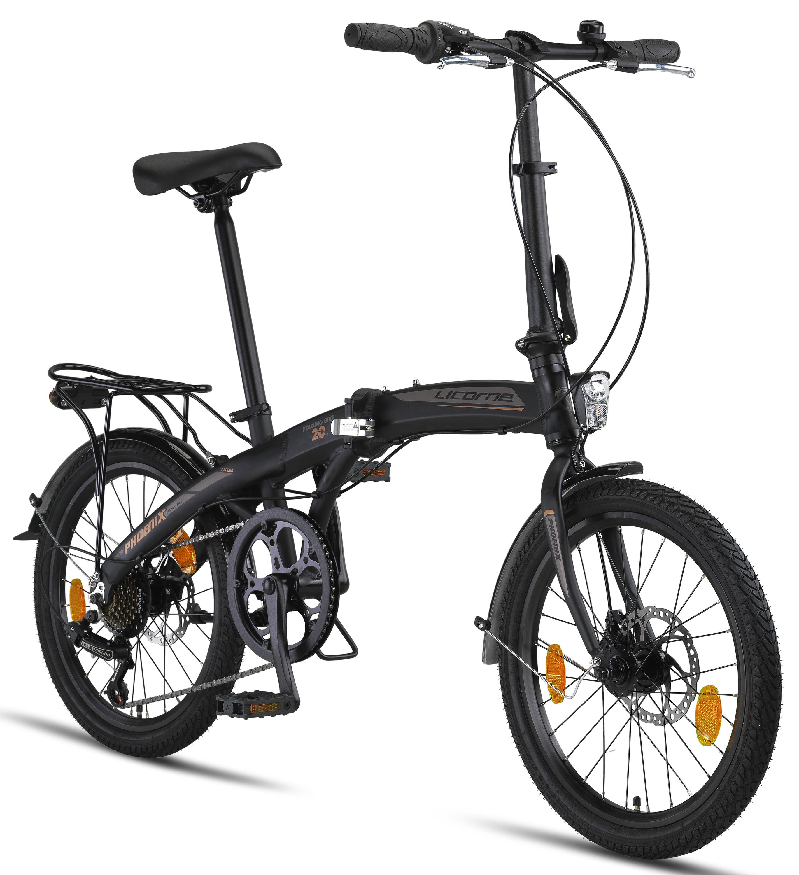 Licorne Bike Phoenix 2D, 20 Zoll Aluminium-Faltrad-Klapprad, Scheibenbremse, Discbremse, V-Bremse Faltfahrrad-Herren-Damen, 7 Gang Kettenschaltung - Folding City Bike, Alu-Rahmen, StVZO, Vorderlampe, Hinterlampe Farbe:Schwarz-Gold;Stil:Disc-Bremse 