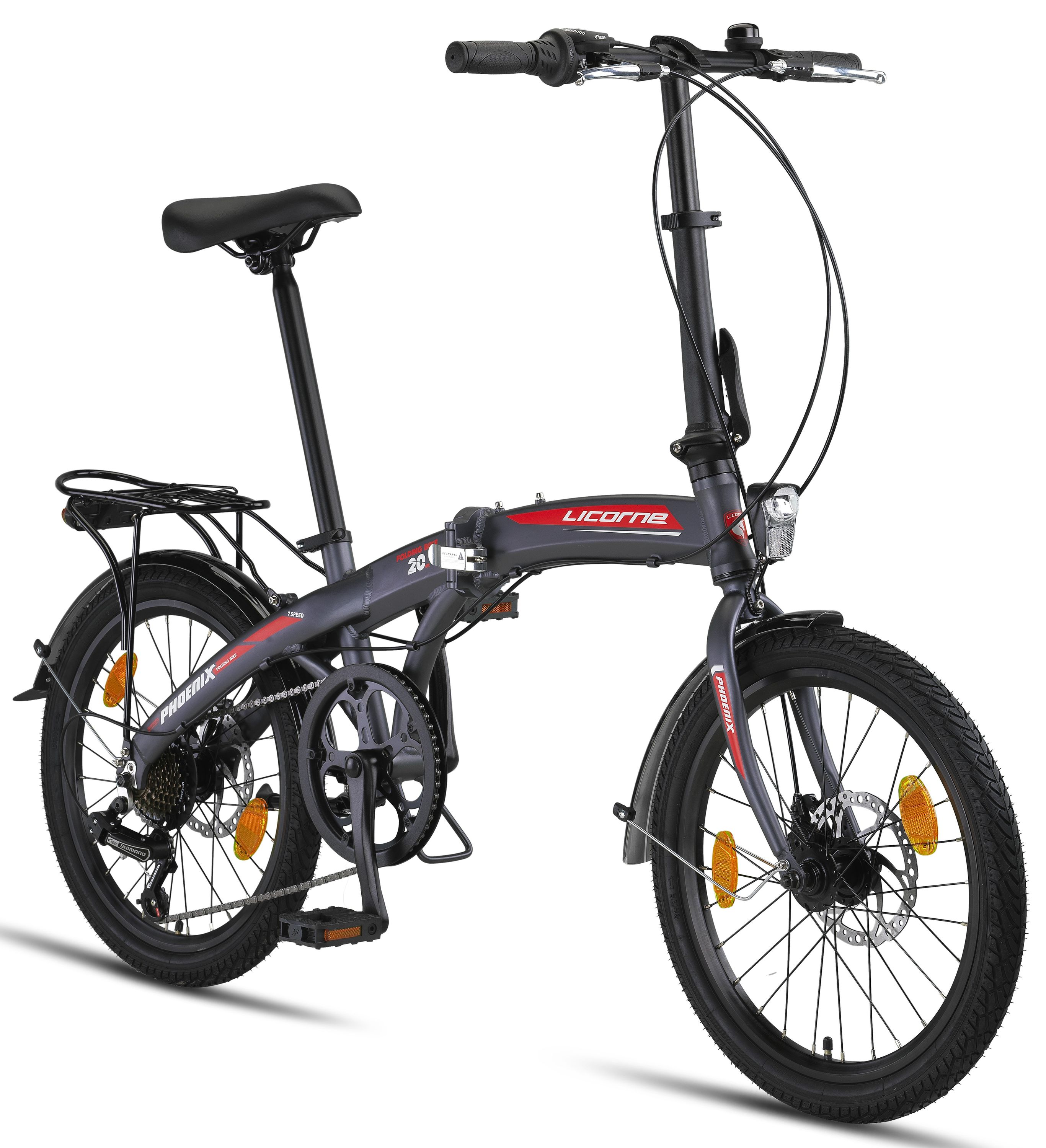 Licorne Bike Phoenix 2D, 20 Zoll Aluminium-Faltrad-Klapprad, Scheibenbremse, Discbremse, V-Bremse Faltfahrrad-Herren-Damen, 7 Gang Kettenschaltung - Folding City Bike, Alu-Rahmen, StVZO, Vorderlampe, Hinterlampe Farbe:Anthrazit-Rot;Stil:Disc-Bremse 