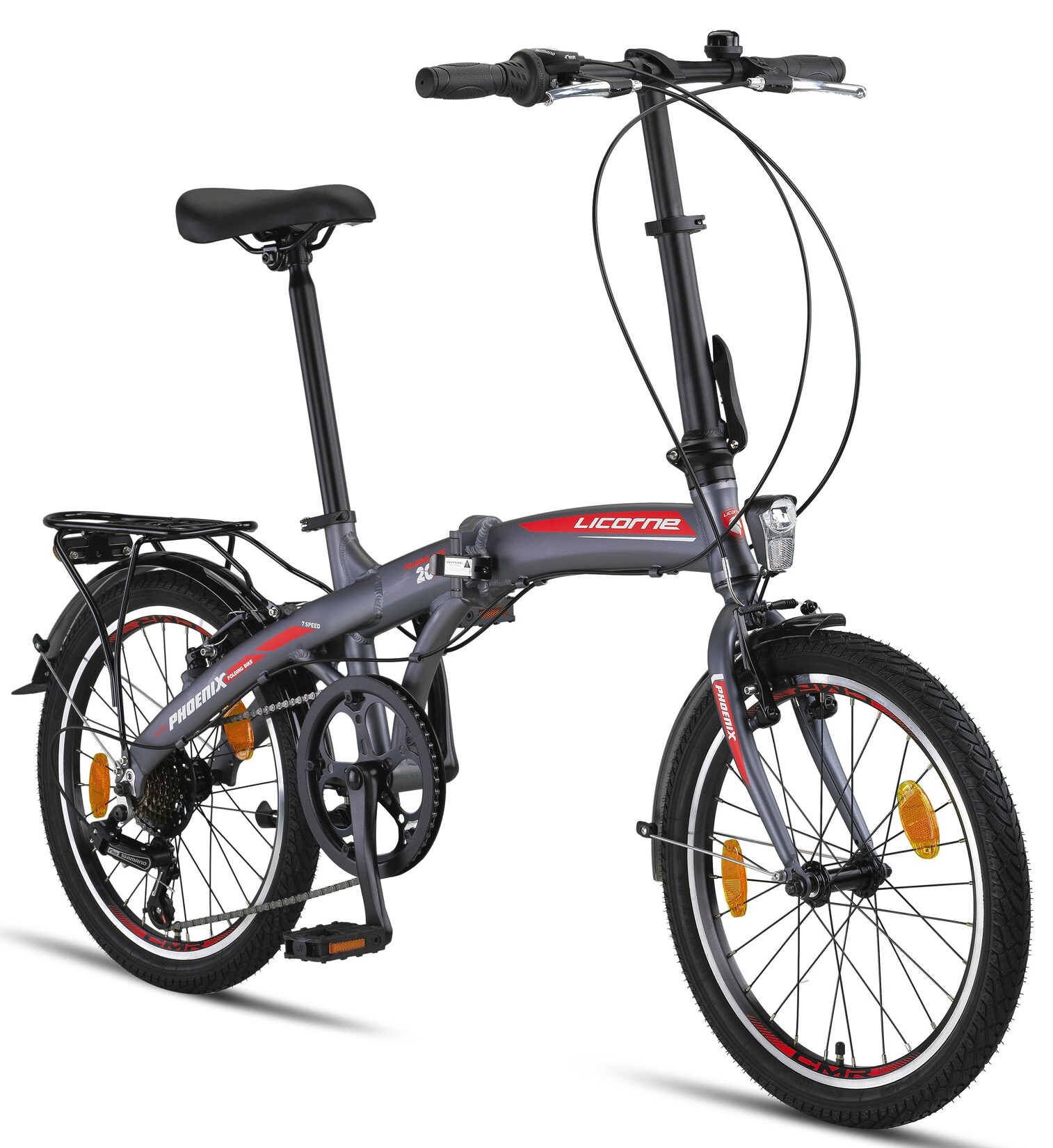 Licorne Bike Phoenix 2D, 20 Zoll Aluminium-Faltrad-Klapprad, Scheibenbremse, Discbremse, V-Bremse Faltfahrrad-Herren-Damen, 7 Gang Kettenschaltung - Folding City Bike, Alu-Rahmen, StVZO, Vorderlampe, Hinterlampe Farbe:Anthrazit-Rot;Stil:V-Bremse