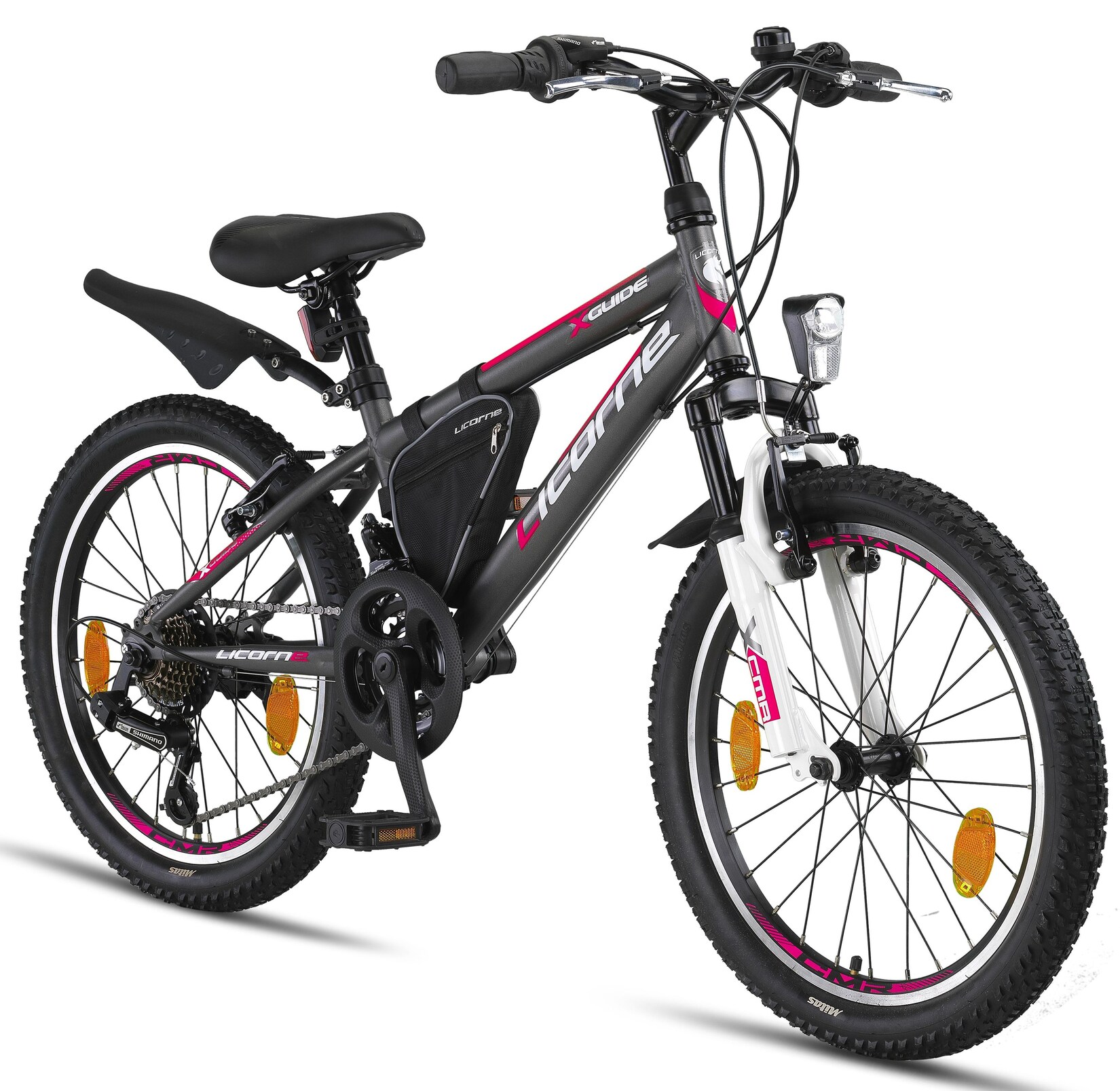 Licorne Bike Guide Premium Mountainbike in 20, 24 und 26 Zoll - Fahrrad für Mädchen, Jungen, Herren und Damen - Shimano 21 Gang-Schaltung, Kinderfahrrad, Kinder Zoll:20;Farbe:Anthrazit/Rosa