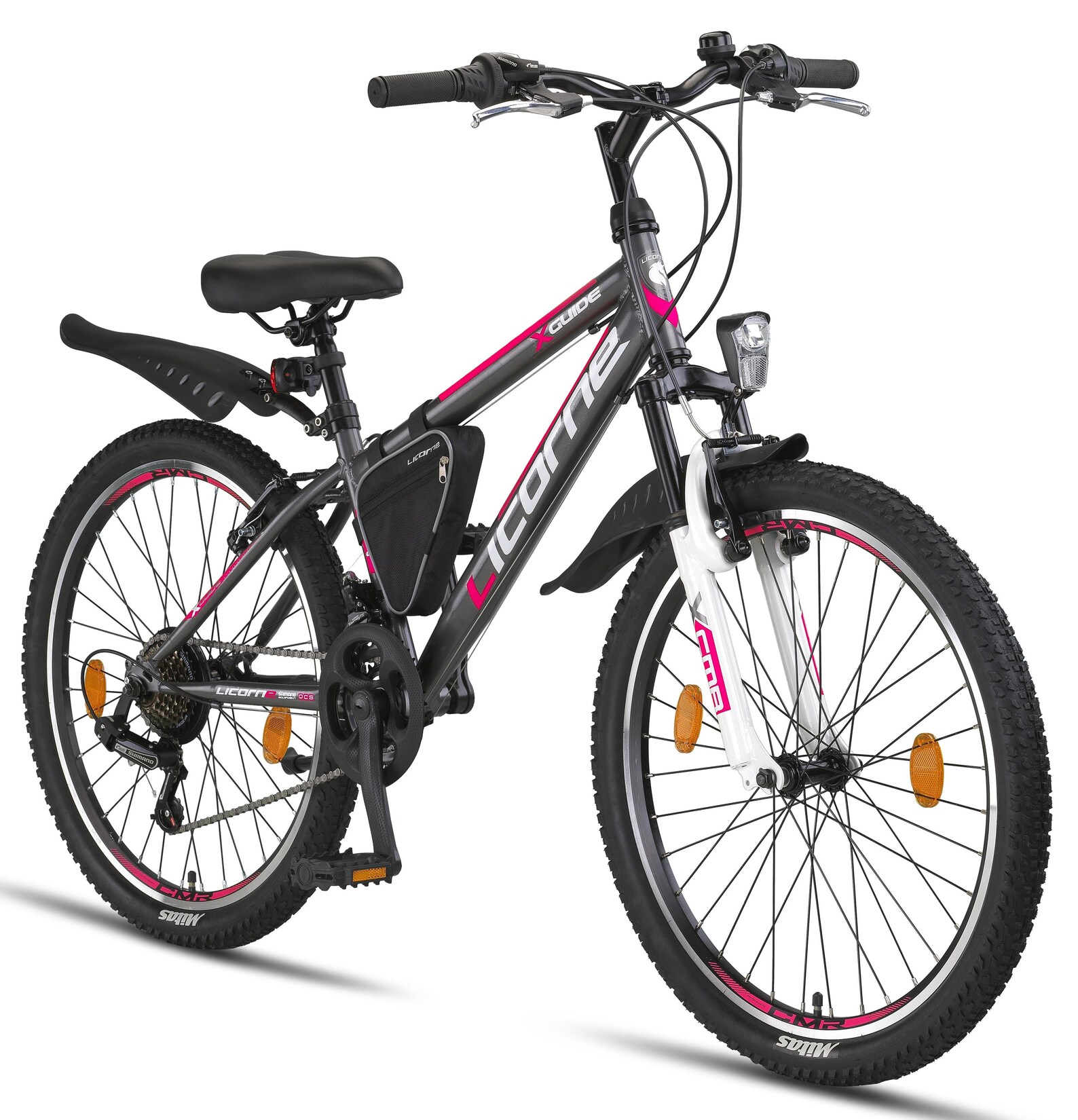 Licorne Bike Guide Premium Mountainbike in 20, 24 und 26 Zoll - Fahrrad für Mädchen, Jungen, Herren und Damen - Shimano 21 Gang-Schaltung, Kinderfahrrad, Kinder Zoll:24;Farbe:Anthrazit/Rosa