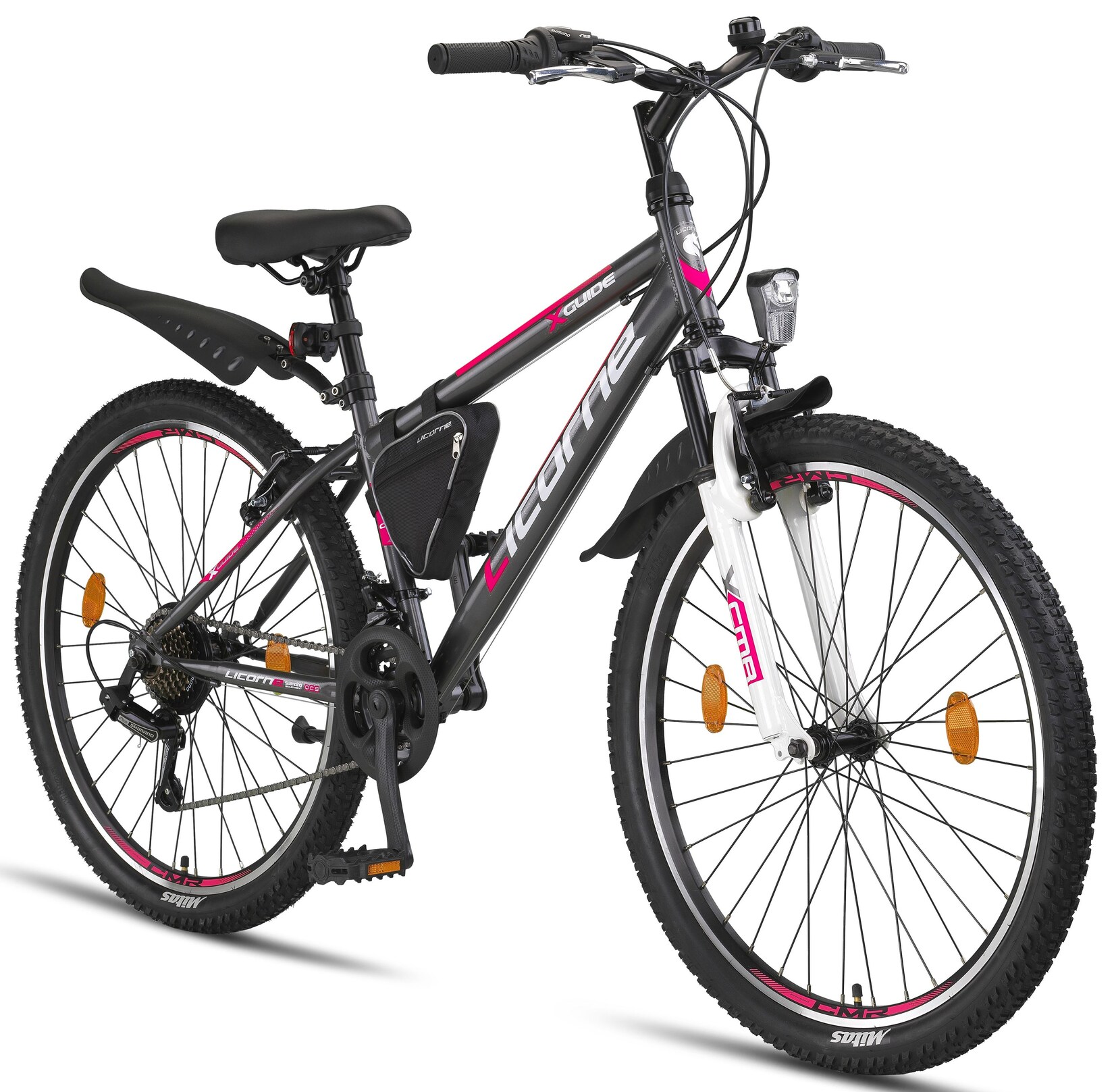 Licorne Bike Guide Premium Mountainbike in 20, 24 und 26 Zoll - Fahrrad für Mädchen, Jungen, Herren und Damen - Shimano 21 Gang-Schaltung, Kinderfahrrad, Kinder Zoll:26;Farbe:Anthrazit/Rosa