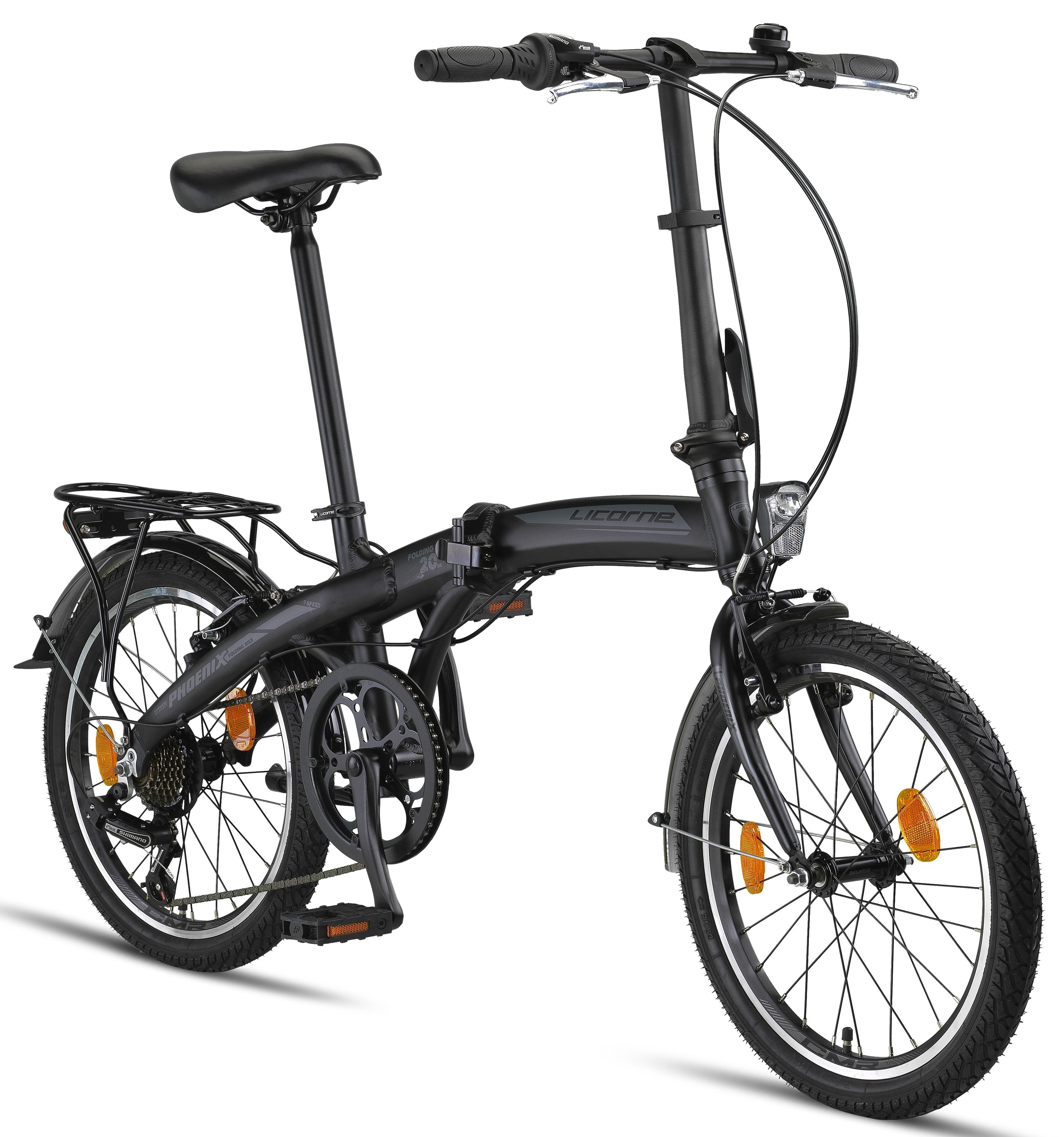 Licorne Bike Phoenix 2D, 20 Zoll Aluminium-Faltrad-Klapprad, Scheibenbremse, Discbremse, V-Bremse Faltfahrrad-Herren-Damen, 7 Gang Kettenschaltung - Folding City Bike, Alu-Rahmen, StVZO, Vorderlampe, Hinterlampe Farbe:Schwarz;Stil:V-Bremse 