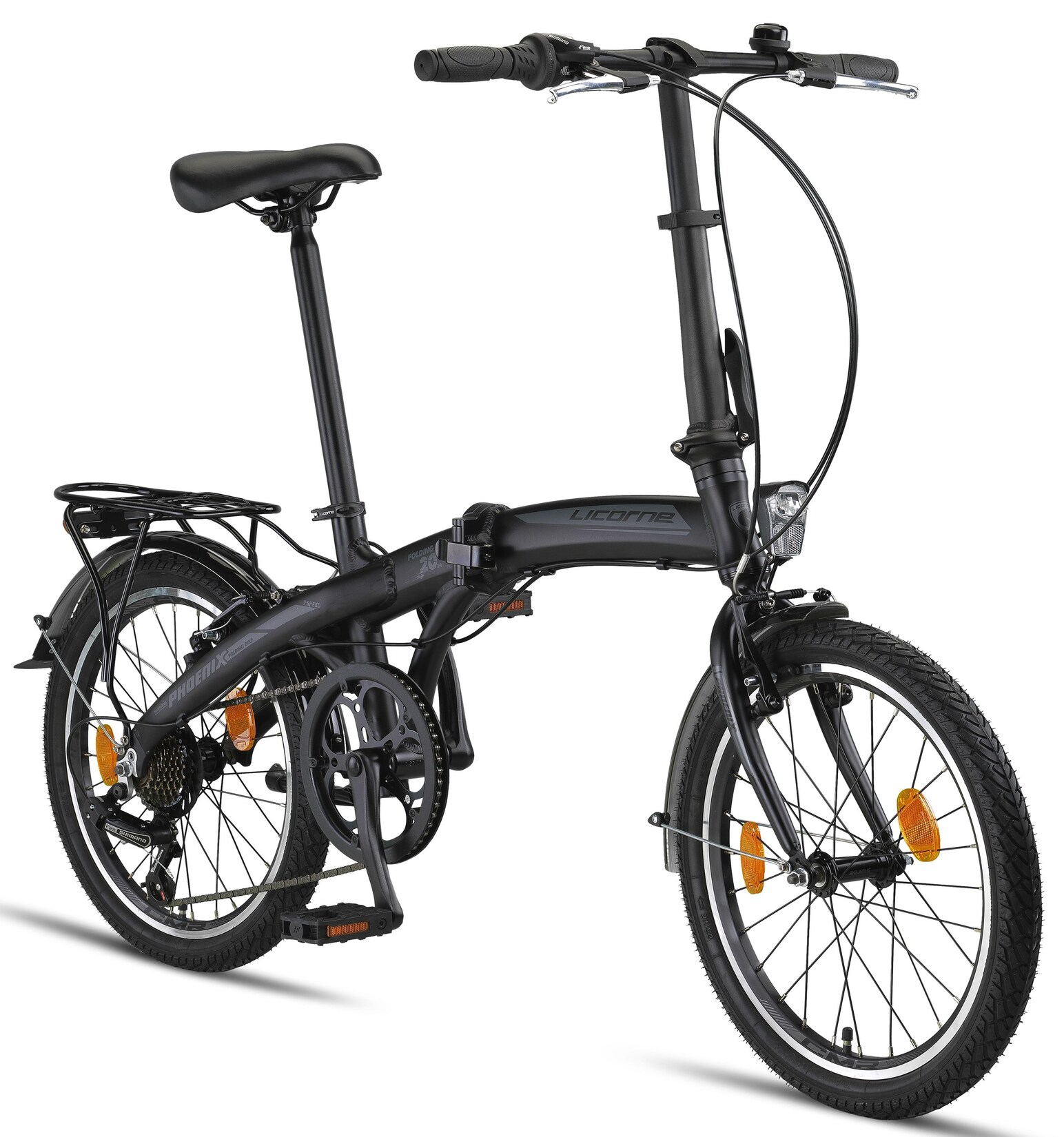 Licorne Bike Phoenix 2D, 20 Zoll Aluminium-Faltrad-Klapprad, Scheibenbremse, Discbremse, V-Bremse Faltfahrrad-Herren-Damen, 7 Gang Kettenschaltung - Folding City Bike, Alu-Rahmen, StVZO, Vorderlampe, Hinterlampe Farbe:Schwarz;Stil:V-Bremse
