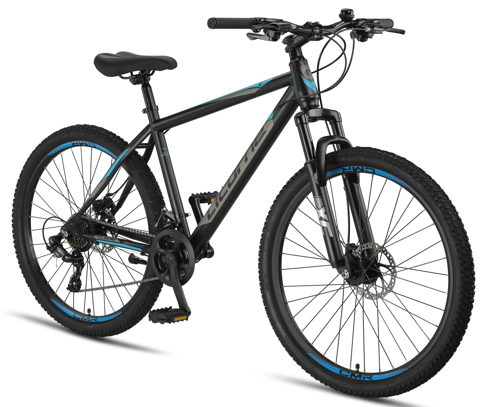 Licorne Bike Guide Premium Mountainbike in 20, 24 und 26 Zoll - Fahrrad für Mädchen, Jungen, Herren und Damen - Shimano 21 Gang-Schaltung, Kinderfahrrad, Kinder Farbe:Schwarz/Blau;Zoll:27.5