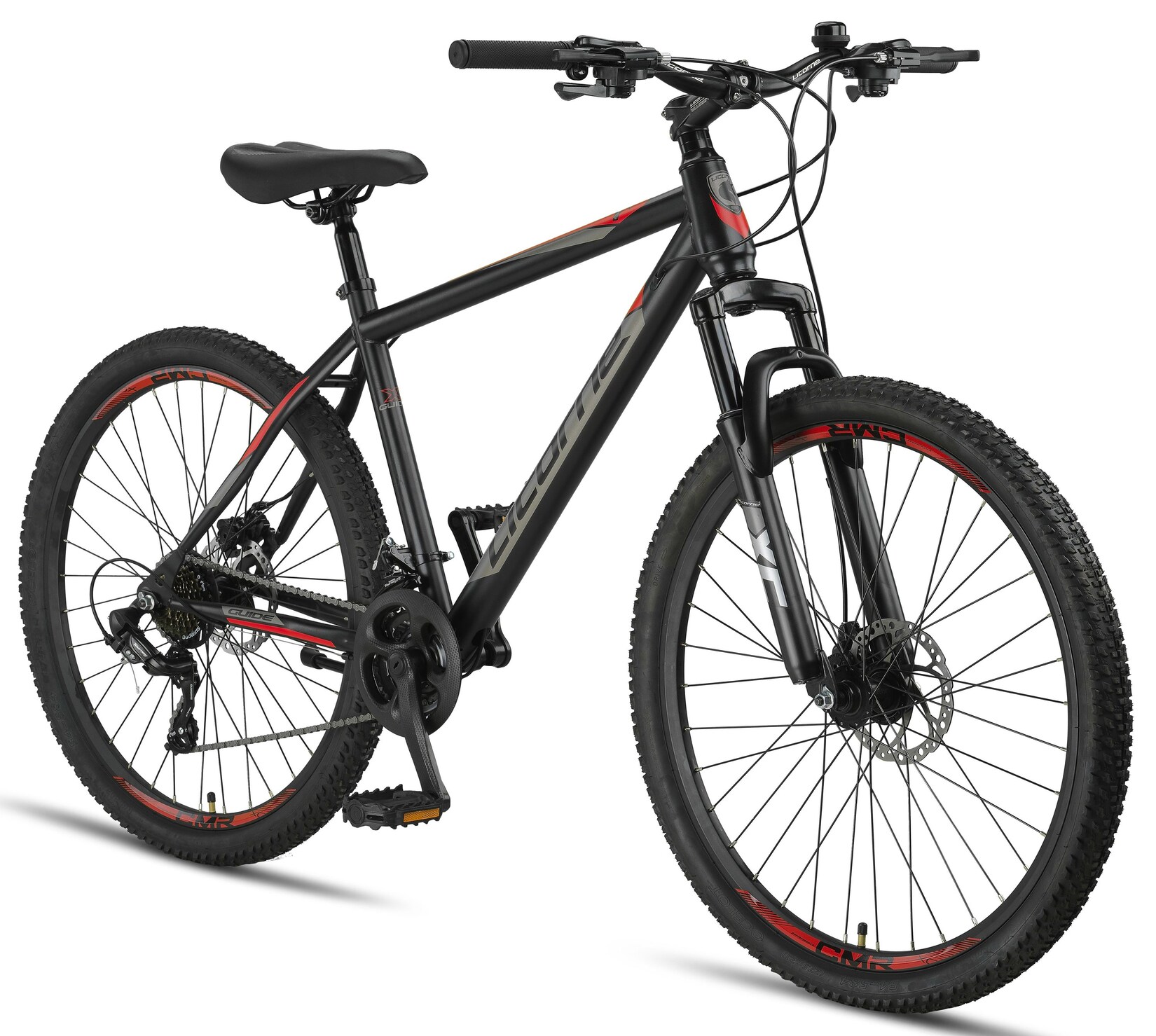 Licorne Bike Guide Premium Mountainbike in 20, 24 und 26 Zoll - Fahrrad für Mädchen, Jungen, Herren und Damen - Shimano 21 Gang-Schaltung, Kinderfahrrad, Kinder Farbe:Schwarz/Rot;Zoll:27.5