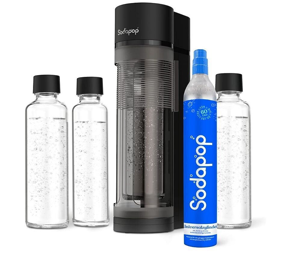 SODAPOP Wassersprudler Logan matt schwarz, 2x 850ml + 1x 600ml Glasflaschen + 1x CO&sup2; Zylinder 