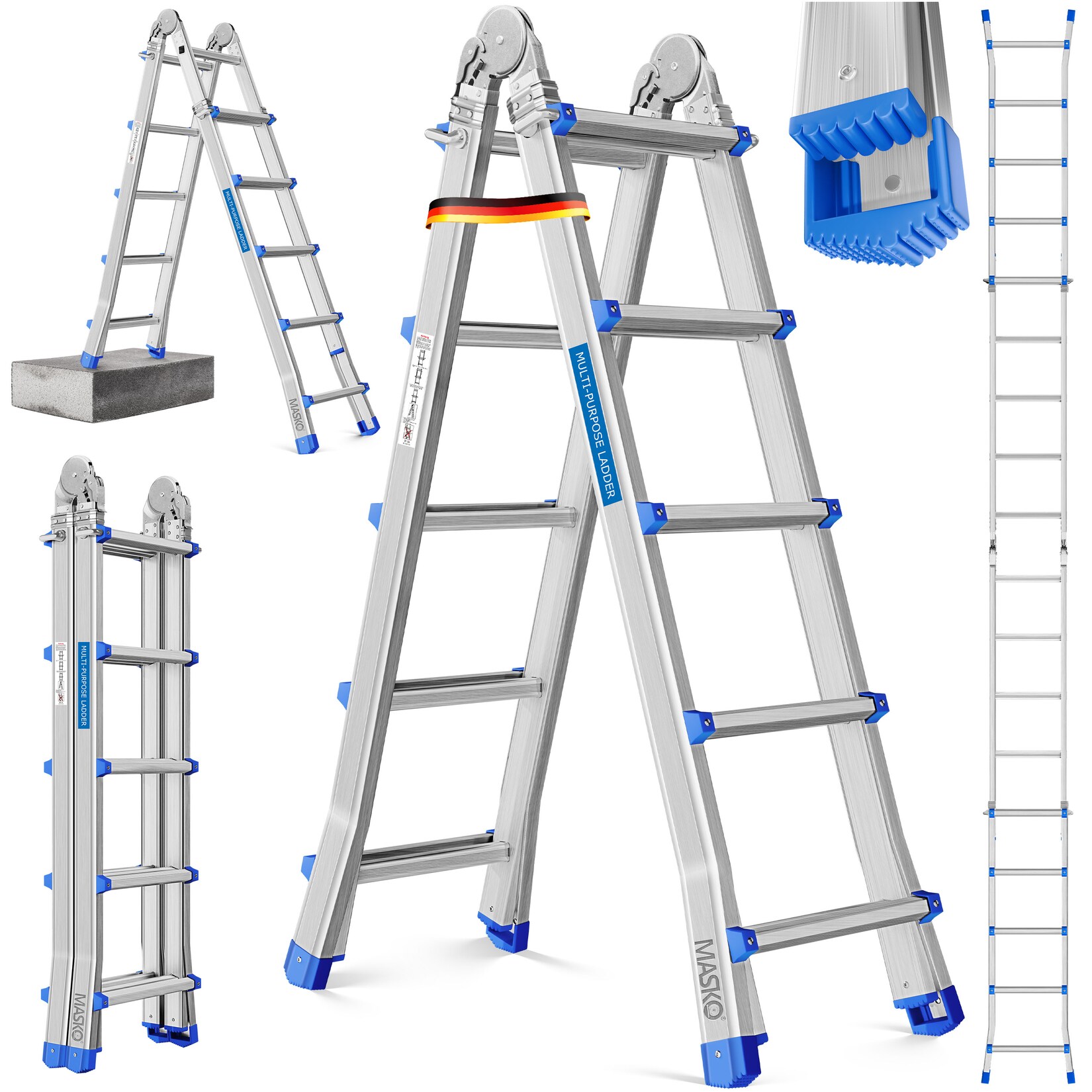 Aluminium 6in1 Mehrzweckleiter – 20 Sprossen   - 520 cm   , ausziehbar, Rutschfest, Multifunktional, Gelenkleiter, Anlegeleiter, Klappleiter, beidseitige Steh- und Treppenleiter