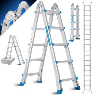 MASKO Aluminium 6in1 Mehrzweckleiter – 20 Sprossen | - 520 cm | 150 Kg, ausziehbar, Rutschfest, Multifunktional, Gelenkleiter, Anlegeleiter, Klappleiter, beidseitige Steh- und Treppenleiter 