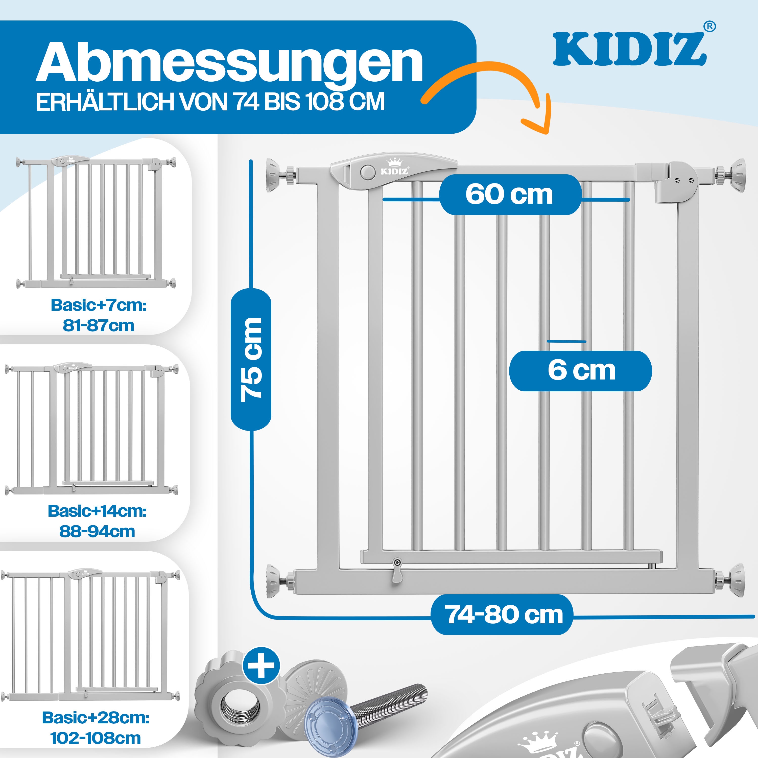 KIDIZ&reg; Schutzgitter f&uuml;r Treppen | T&uuml;r, Auto Close Kindertreppengitter ohne Bohren | 90&deg; Stop, Absperr T&uuml;rschutzgitter, schwenkbare Trennwand, Treppenschutzgitter, Klemmen 