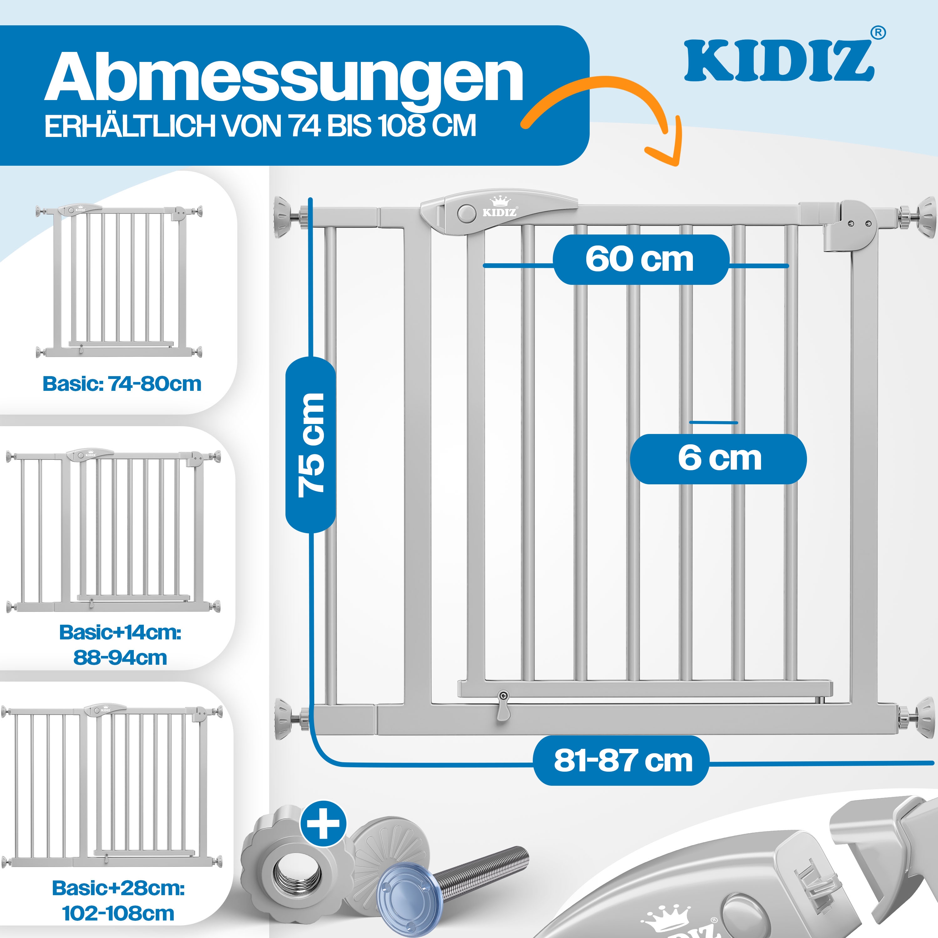 KIDIZ&reg; Schutzgitter f&uuml;r Treppen | T&uuml;r, Auto Close Kindertreppengitter ohne Bohren | 90&deg; Stop, Absperr T&uuml;rschutzgitter, schwenkbare Trennwand, Treppenschutzgitter, Klemmen 