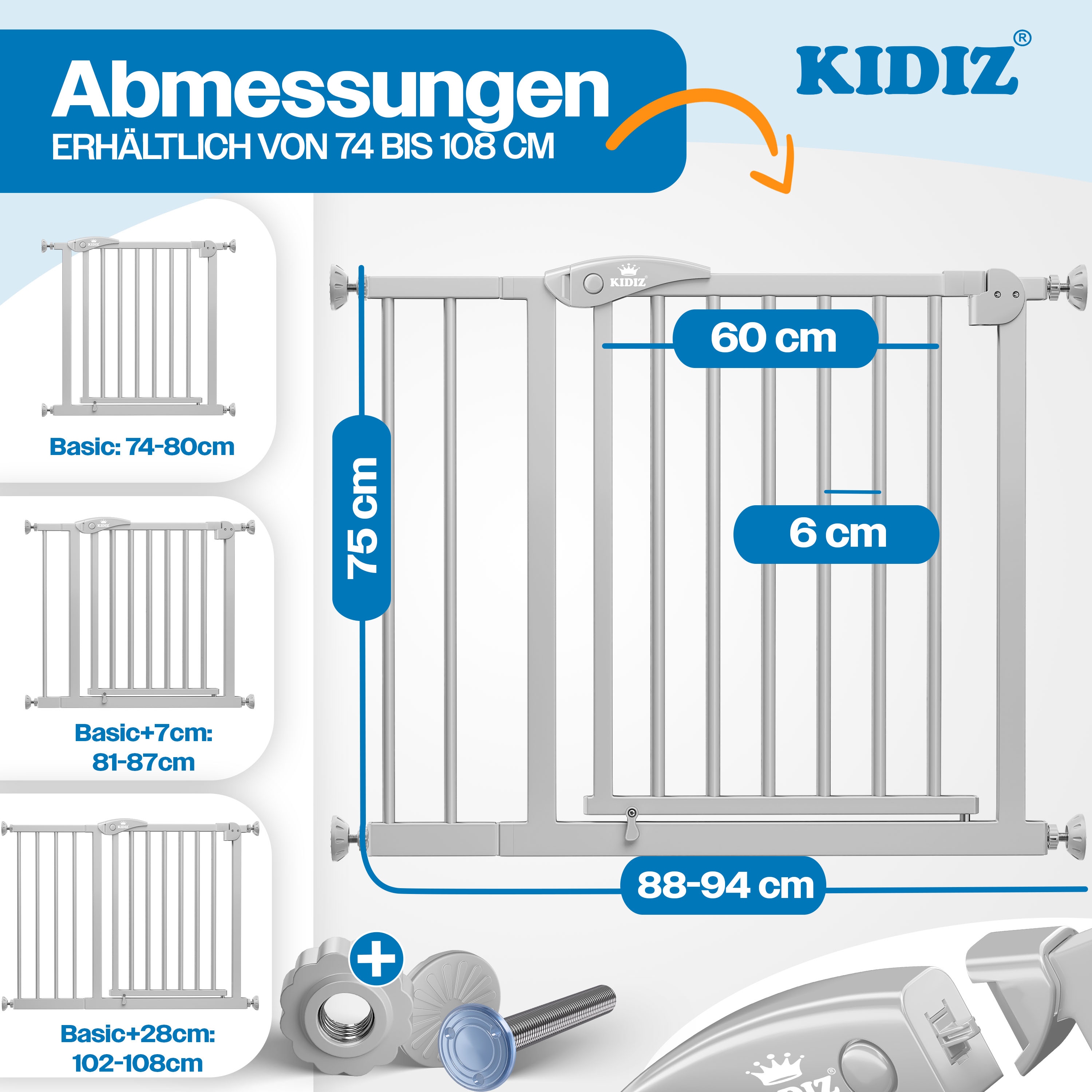 KIDIZ&reg; Schutzgitter f&uuml;r Treppen | T&uuml;r, Auto Close Kindertreppengitter ohne Bohren | 90&deg; Stop, Absperr T&uuml;rschutzgitter, schwenkbare Trennwand, Treppenschutzgitter, Klemmen 