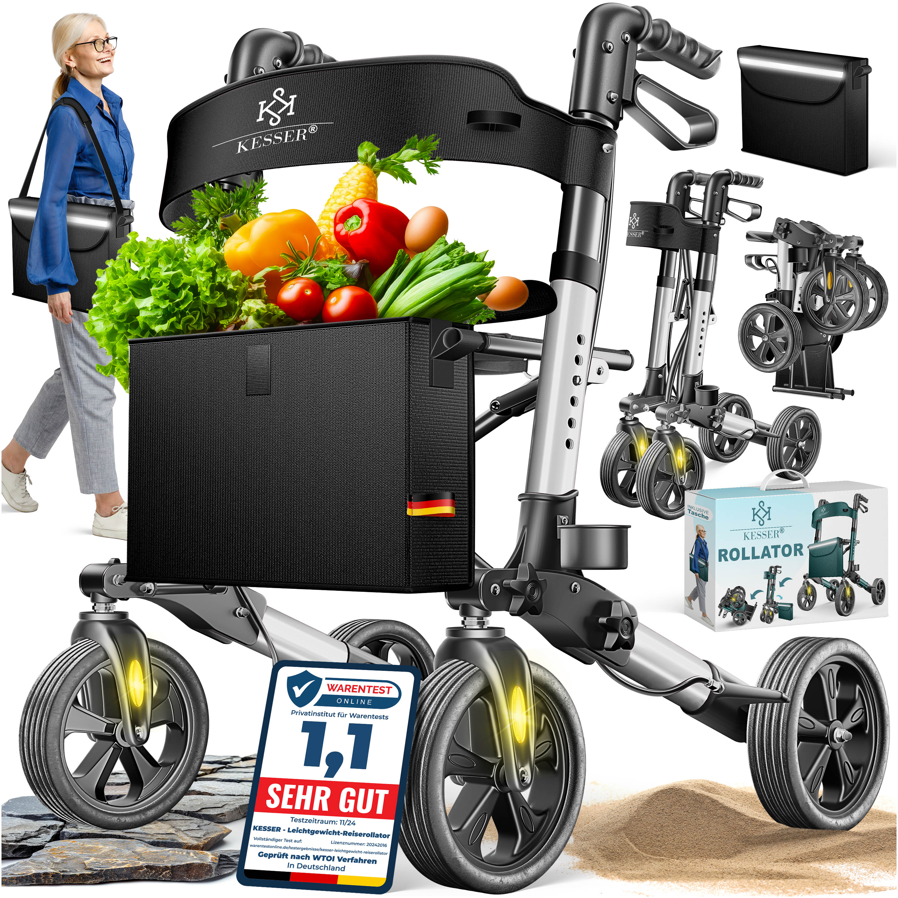 KESSER&reg; Leichtgewicht Rollator faltbar mit Sitz, Griff, Tasche, schmal f&uuml;r Senioren Wohnung, Klappbar, H&ouml;henverstellbar, Reflektoren | All Gel&auml;nde Reifen Indoor-& Outdoor, Gehhilfe, Laufhilfe 