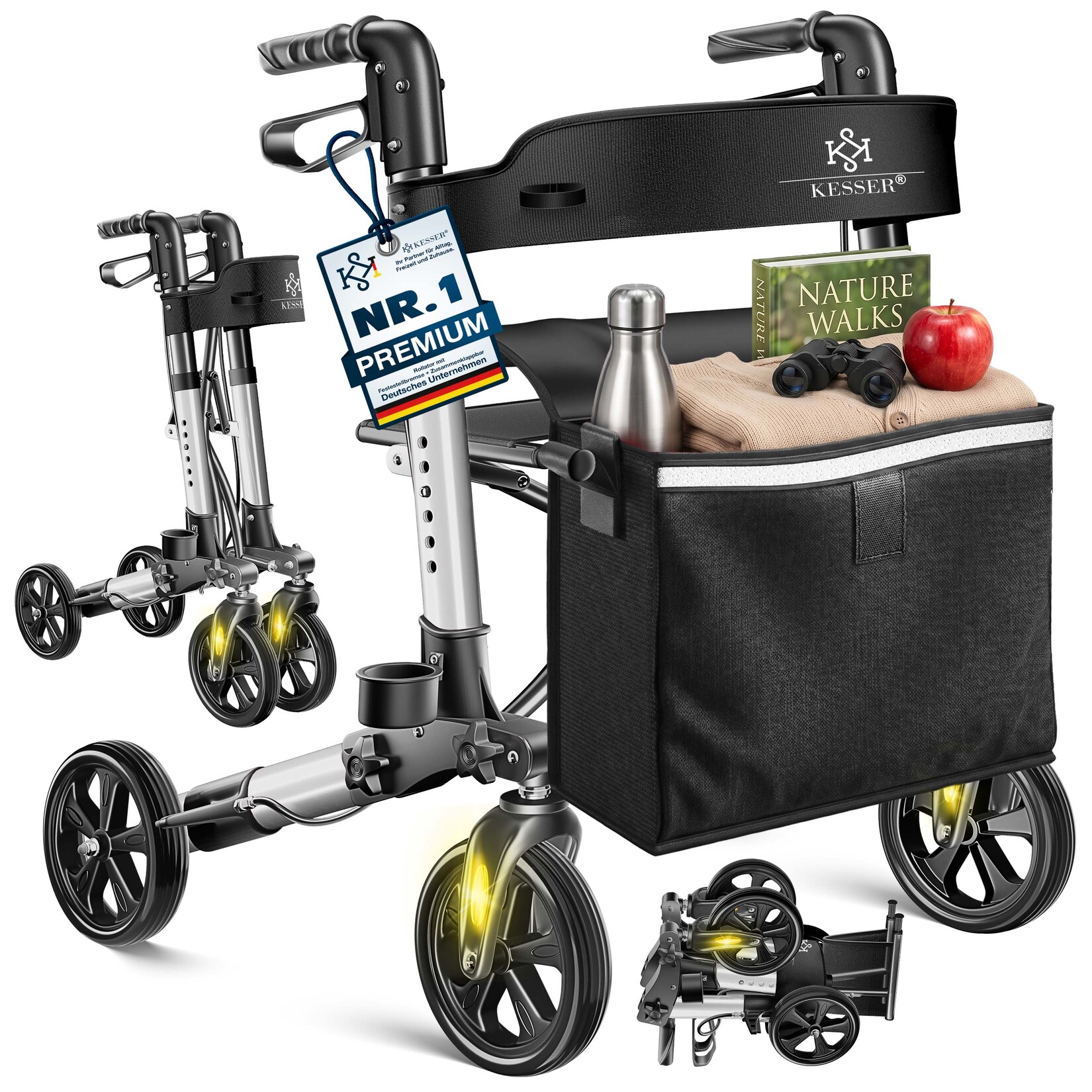 ® Leichtgewicht Rollator faltbar mit Sitz, Griff, Tasche, schmal für Senioren Wohnung, Klappbar, Höhenverstellbar, Reflektoren   All Gelände Reifen Indoor-& Outdoor, Gehhilfe, Laufhilfe
