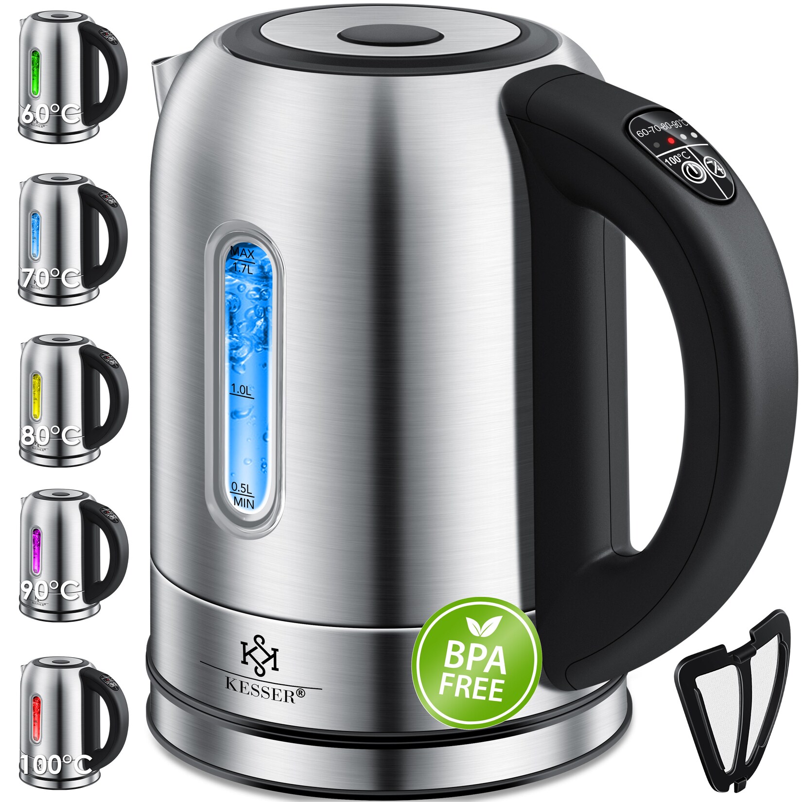 ® 1,7 Liter Edelstahl Wasserkocher 2200W Temperaturwahl Warmhaltefunktion