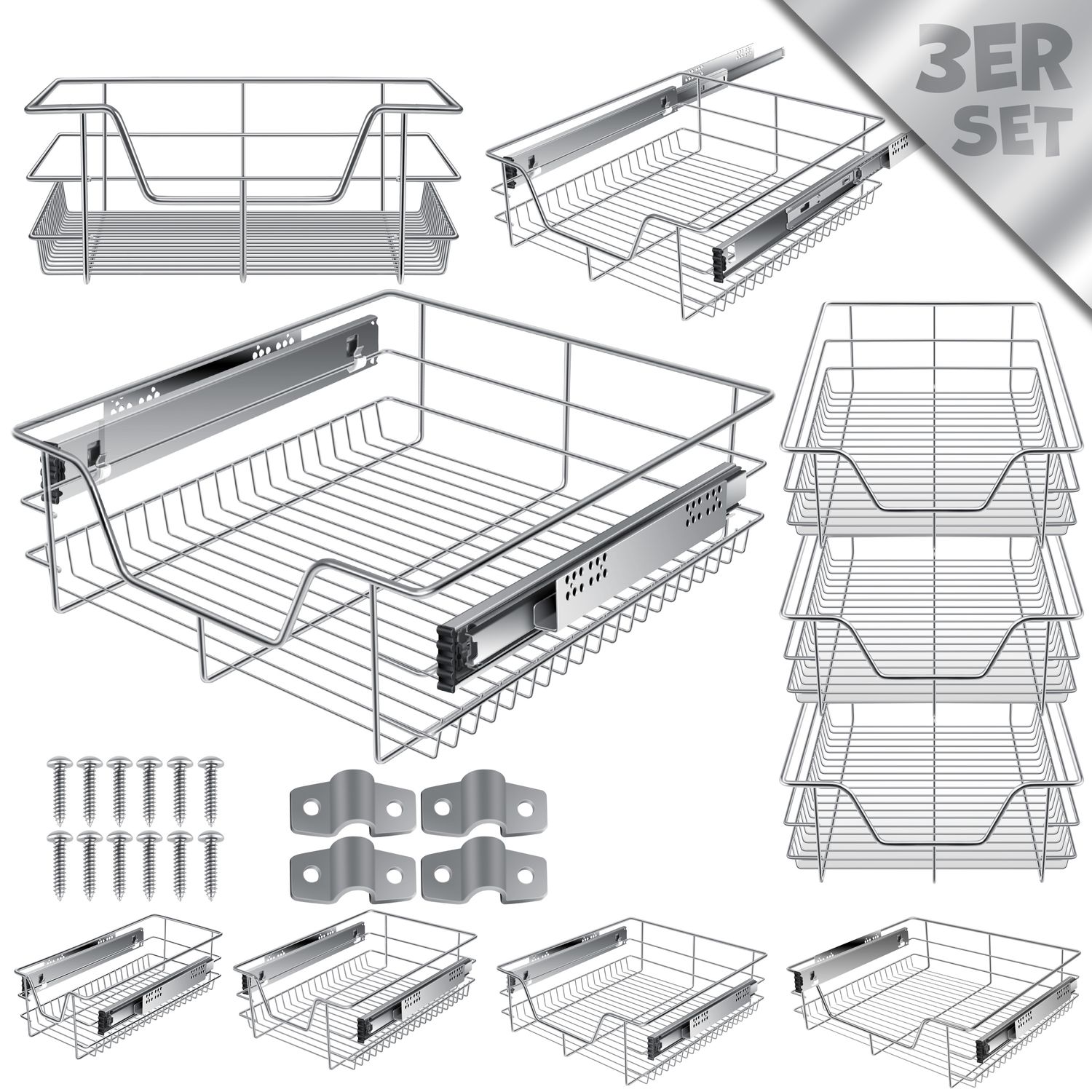 KESSER&reg; Teleskopschublade 30-60cm Schrankbreite verchromt aus Edelstahl Schubladeneinsatz f&uuml;r K&uuml;chenschrank Korbauszug Schrankauszug 