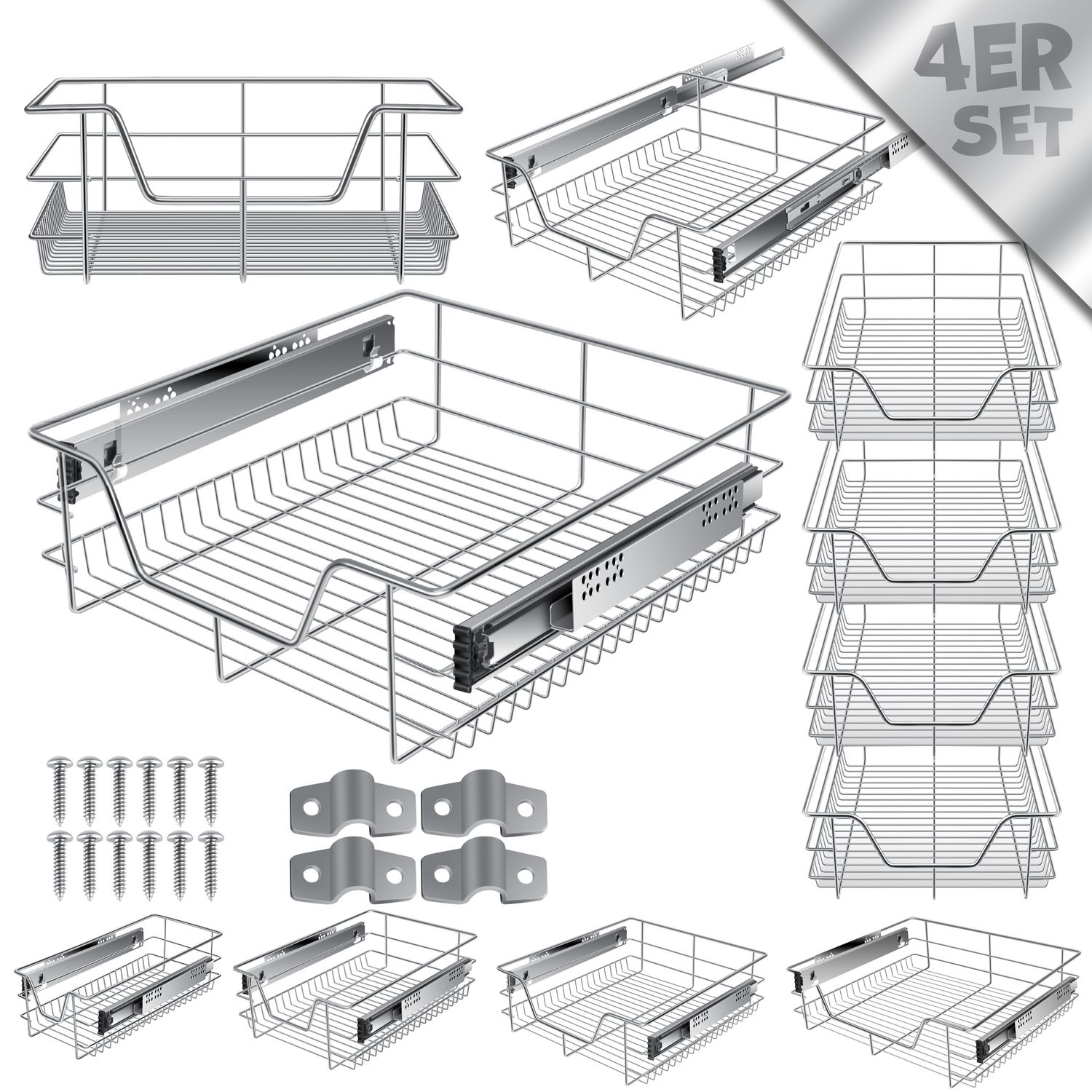 KESSER&reg; Teleskopschublade 30-60cm Schrankbreite verchromt aus Edelstahl Schubladeneinsatz f&uuml;r K&uuml;chenschrank Korbauszug Schrankauszug 