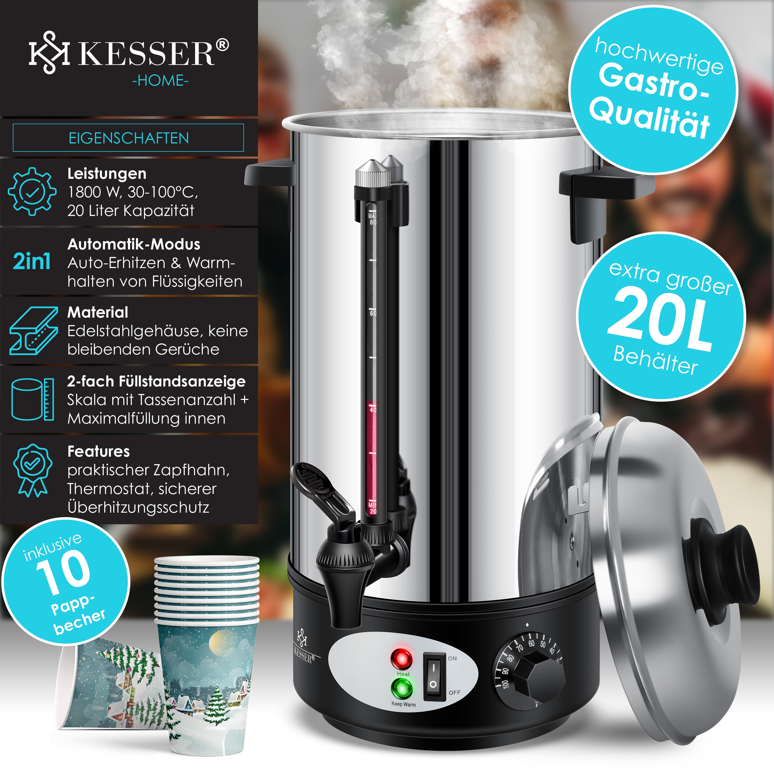 KESSER® Glühweinkessel Edelstahl Glühweinkocher Glühweinautomat Heißgetränkeautomat Wasserkocher Heißwasserspender Kocher Einkochautomat